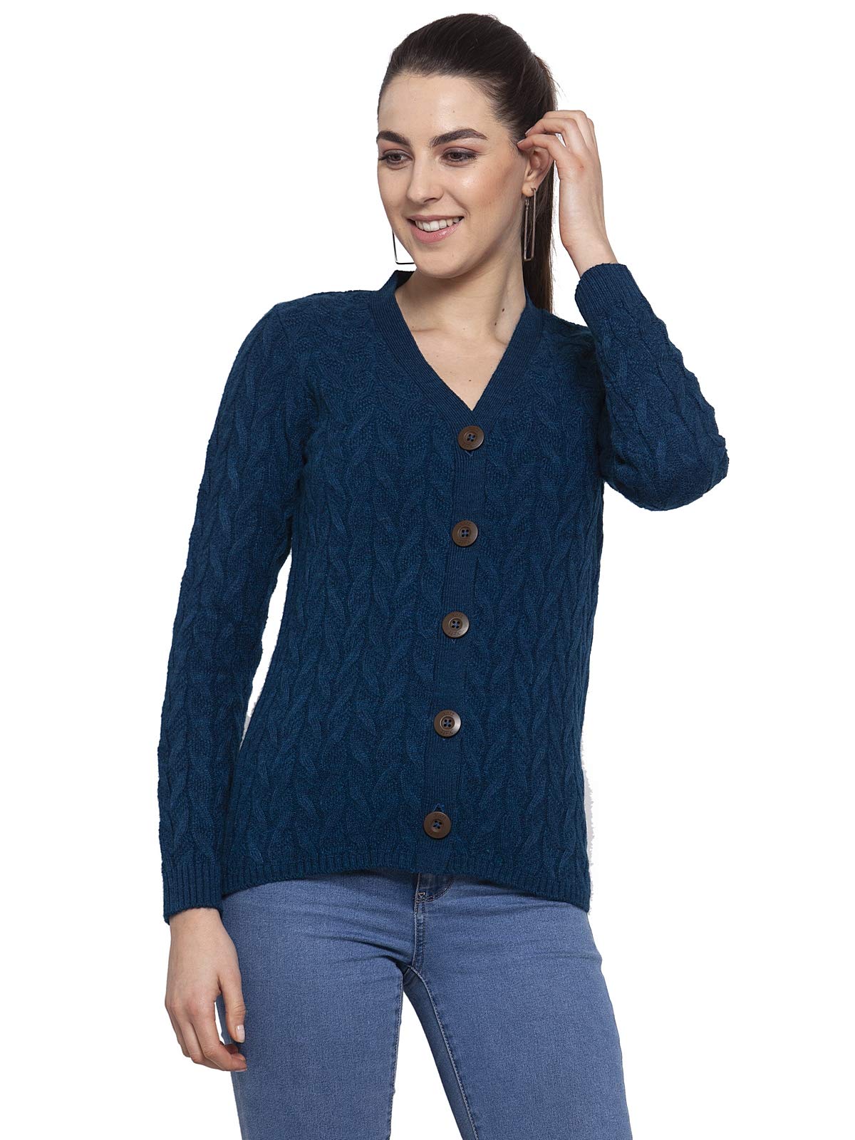 Women Full Sleeves Cable Cardigan Sweater(Teal Melange)