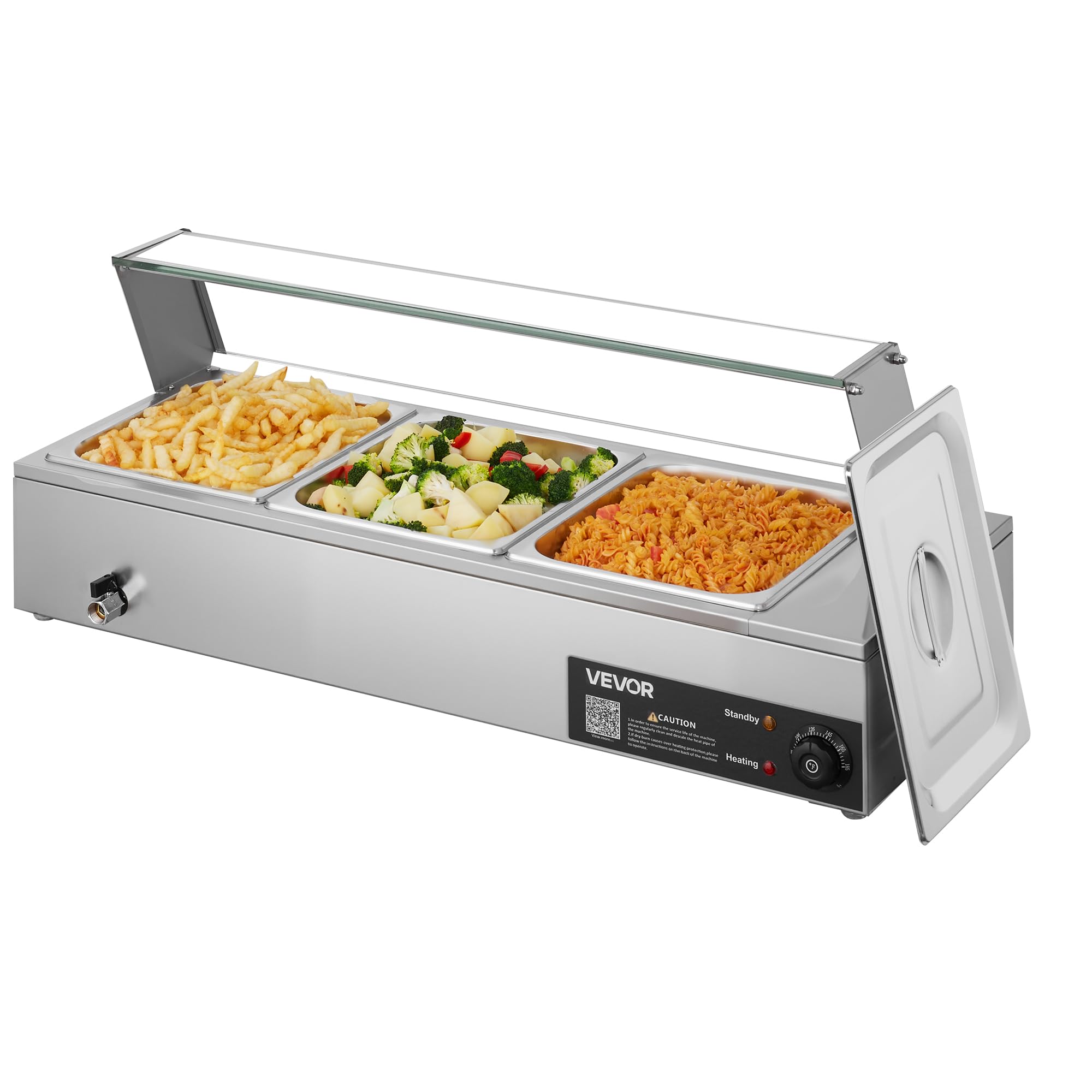 VEVOR Scaldavivande Commerciale con Coperchio in Vetro e 3 Contenitori Scaldavivande da 1500 W in Acciaio Inossidabile, Contenitori per Buffet, per Alimenti a Bagnomaria per Ristoranti, Feste