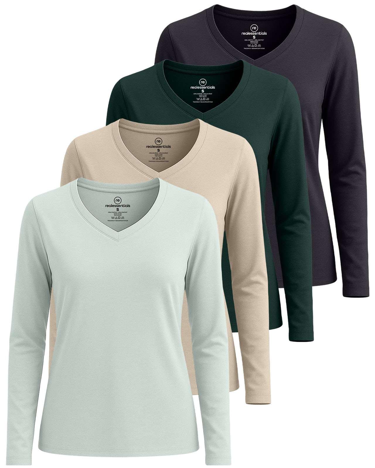 Real Essentials 4 Pack: Women's V-Neck Cotton Long-Sleeve T-Shirt (Available in Plus Size)