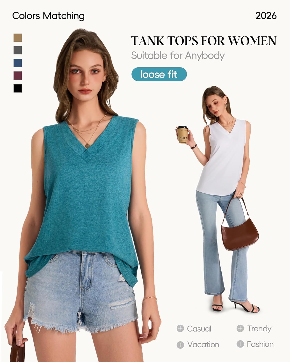 Womens Tank Tops Loose Fit Sleeveless Summer Shirts V Neck Flowy Blouses Casual Beach Vacation Clothes Fashion 2026 image 3