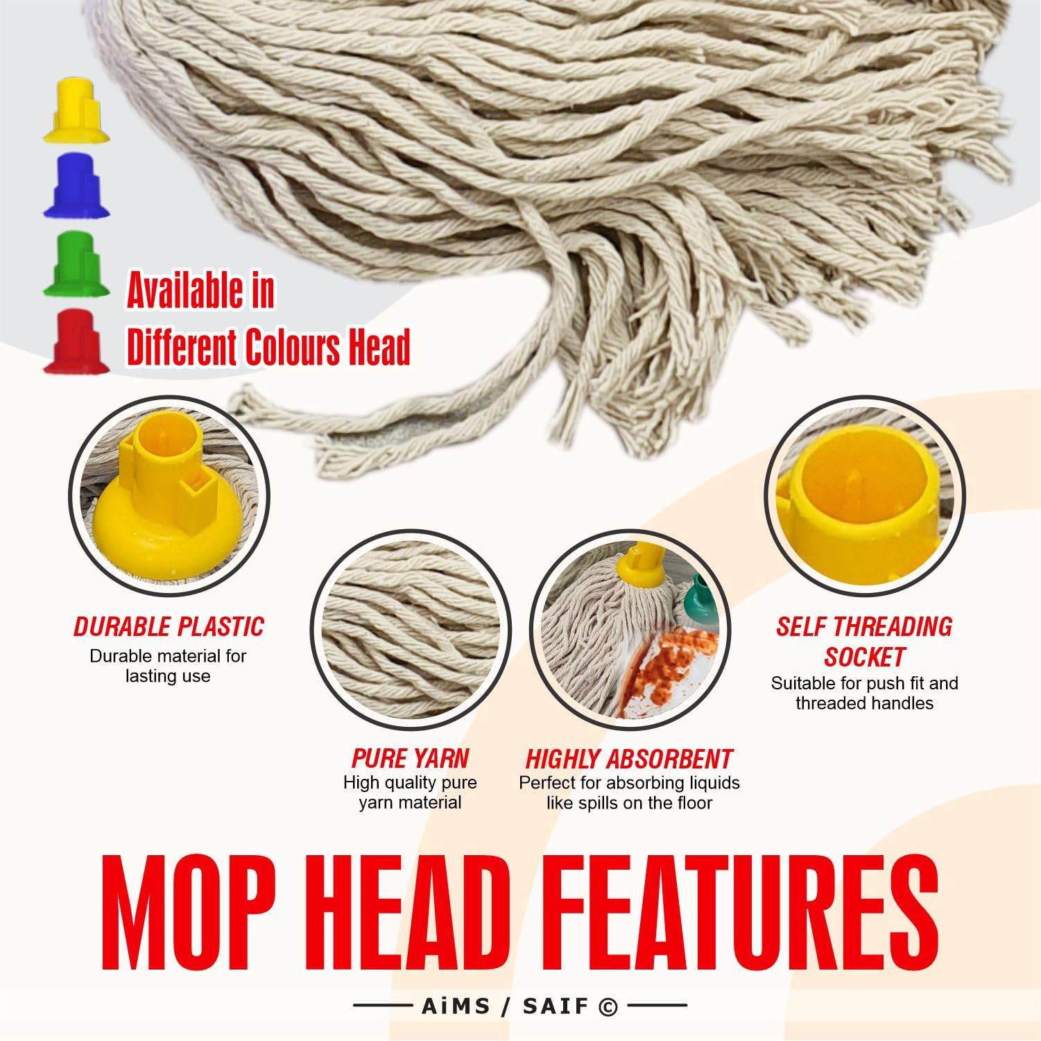 Socket Push 6 piezas paquete de plástico twINE cabeza de mopa Jumbo grande absorbente de hilo para uso diario en el hogar/trabajo, 350 g, extragrande)