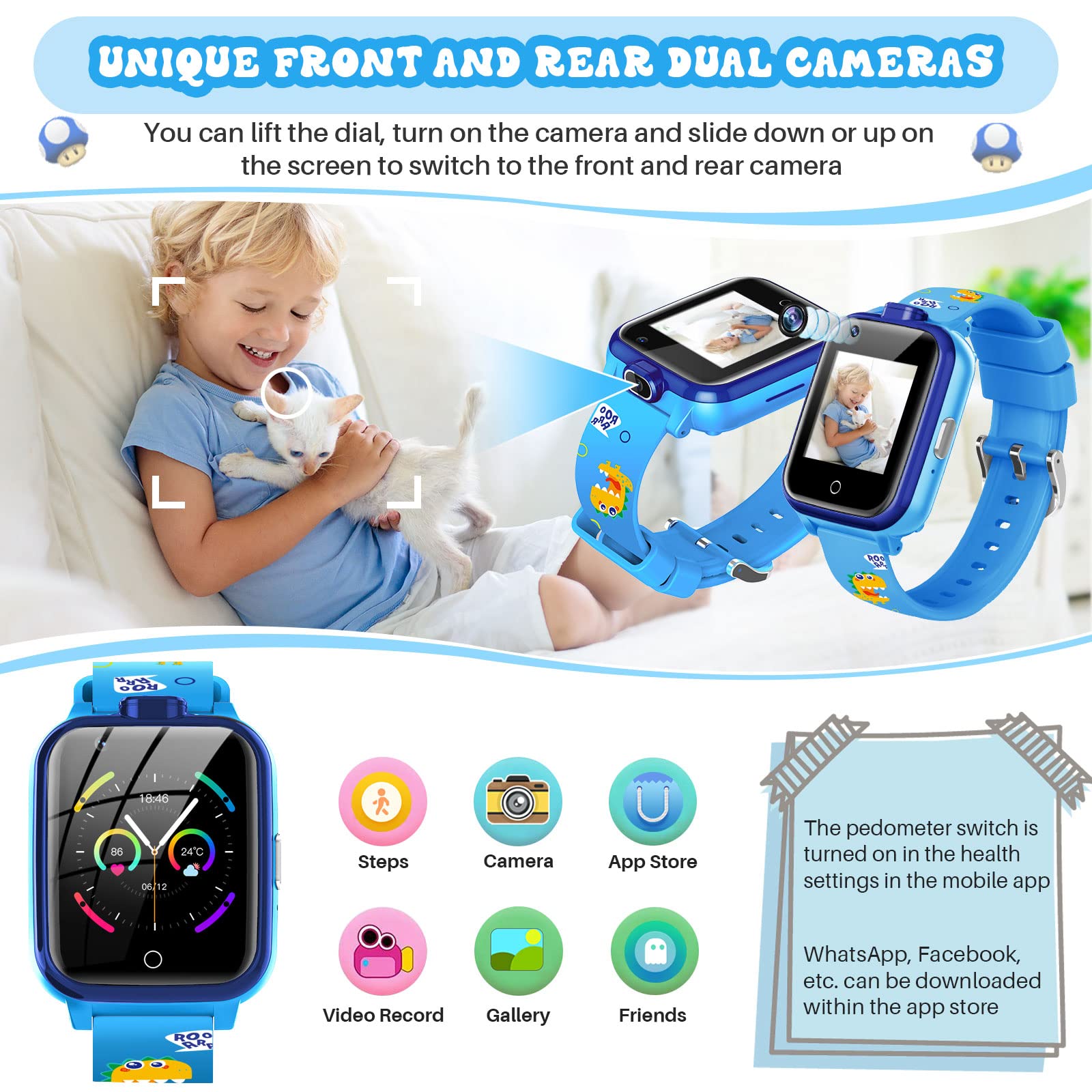 Inteligentny Zegarek dla Dzieci, LiveGo 4G Secure Dual Camera Smart Watch, GPS Tracker SOS Call dla Dzieci Studenci w Wieku 4-12 lat Prezenty Urodzinowe Dzień Szkolny(T13 niebieski)