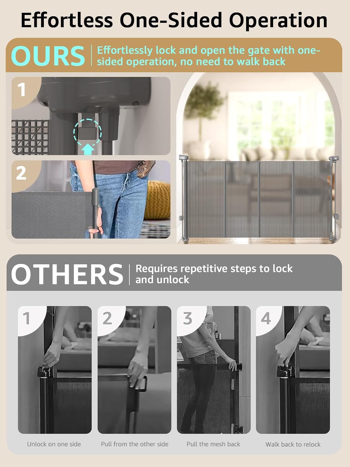 Hardware Mount Retractable Baby Gates with 5 Reinforced Strips, 100inch Extra Wide One-Side Operation Mesh Dog Pet Cat Gate for Large Openings with Auto-Lock, Child Safety Extra Long Gate for Outdoor