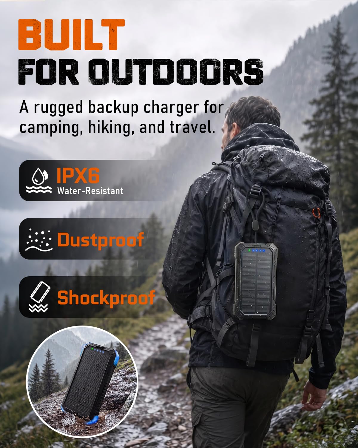 Cargador solar de 49800 mAh, cargador solar para teléfono con entrada y salida USB-C, carga rápida QC 3.0 con linterna LED, 4 cables integrados, IP65 impermeable para exteriores (negro)