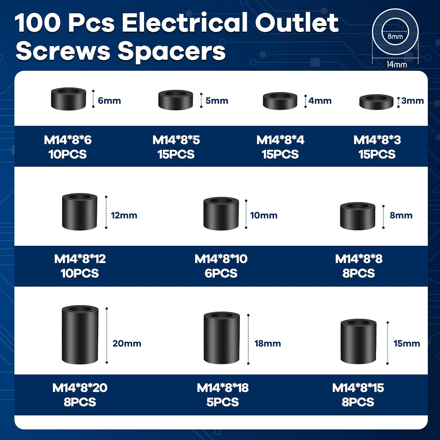 100Pcs M8 Plastic Spacers for Screws, Non-Threaded Plastic Round Spacer Assortment Kit, High-Strength Standoffs for Electrical Outlets, 3D Printers, ID 8mm OD 14mm, 3mm to 20mm Lengths,Black