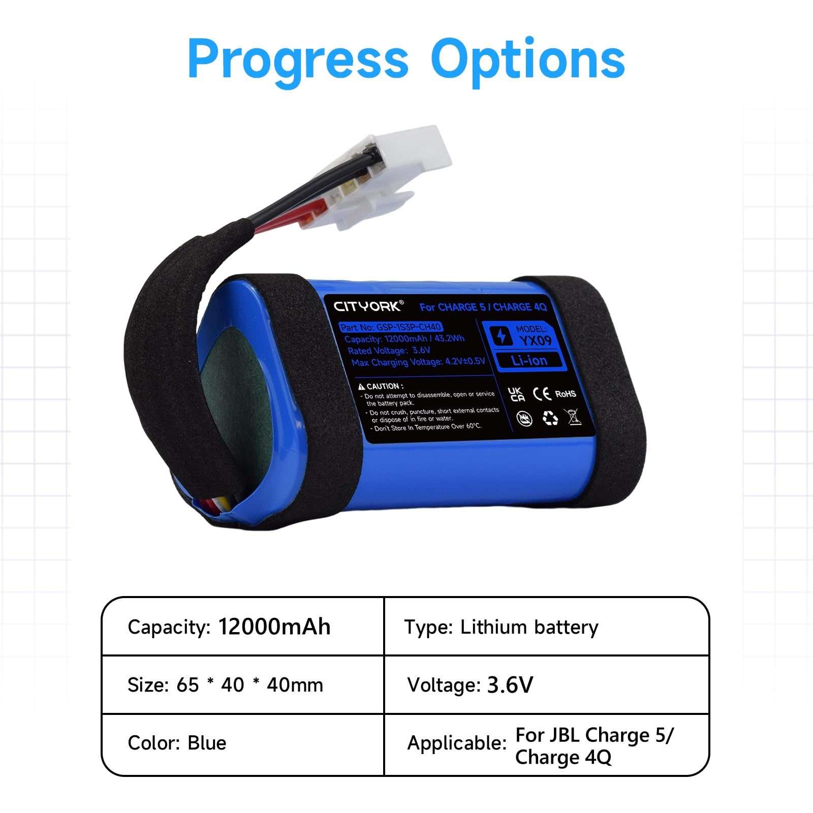 CITYORK Batterie de rechange Li-ion 3,6 V 12000 mAh pour JBL Charge 5/Charge 4Q GSP-1S3P-CH40, GSP-1S3P-CH4A (non compatible avec Charge 4)