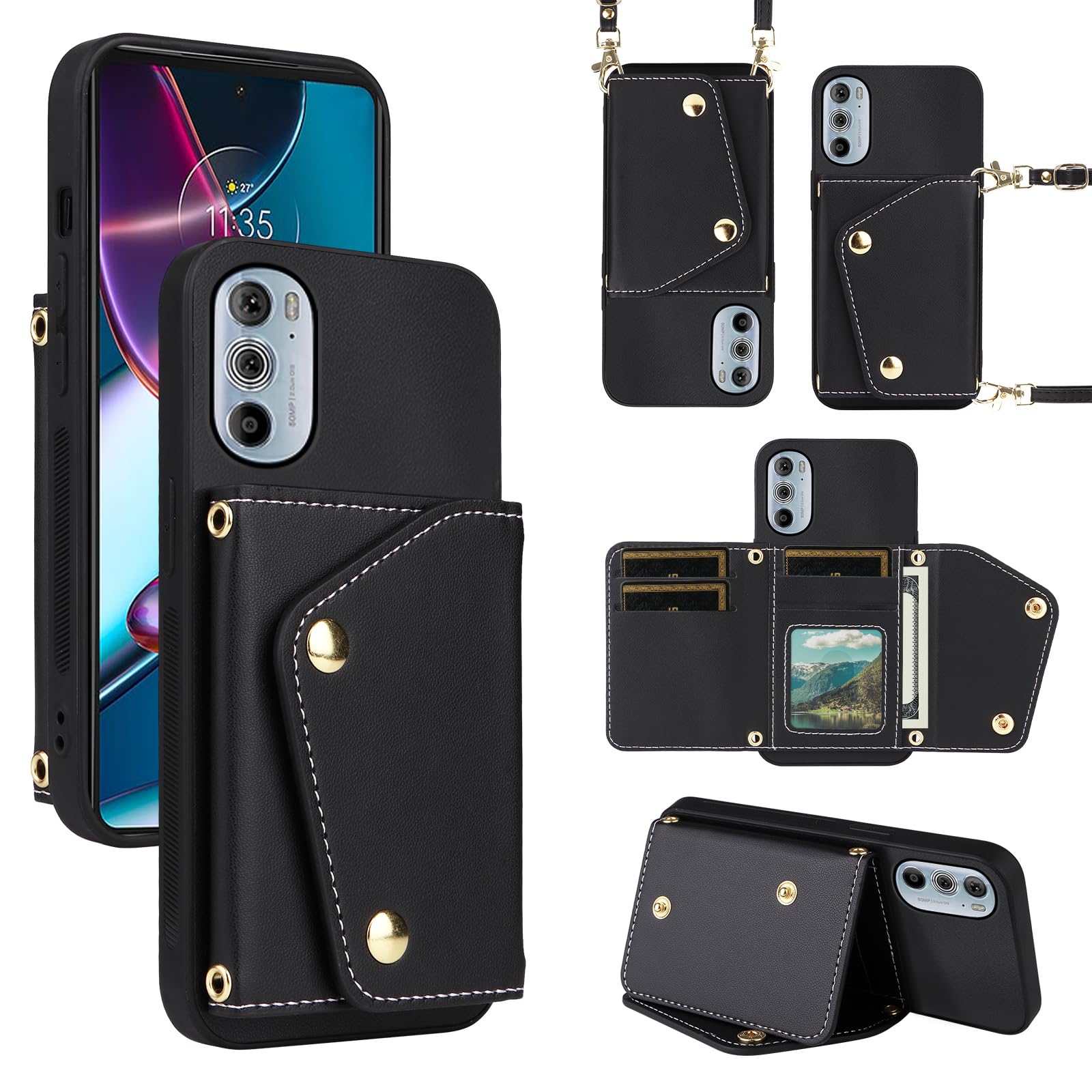 Dibosom Luxury Wallet Case for Motorola Edge+ Plus 2022/Edge X30/30 Pro with Thin Slim Flip Purse & Shoulder Strap,Credit Card Holder Stand