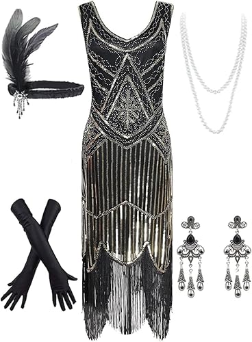 Vestido vintage de mujer de los años 20 con lentejuelas, borlas con cuentas en el dobladillo y conjunto de accesorios