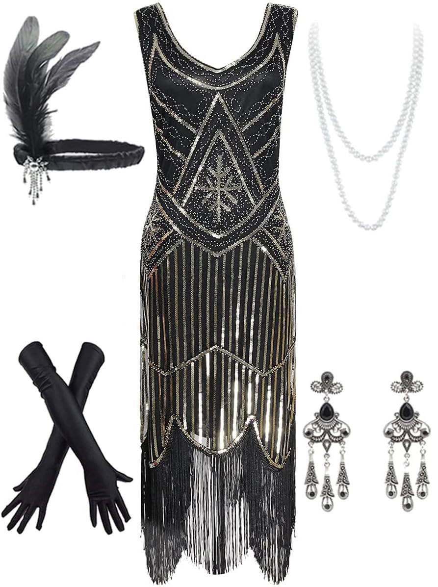 Women's Vintage 1920s Sequin Beaded Tassels Hem Flapper Dress w/Accessories Set