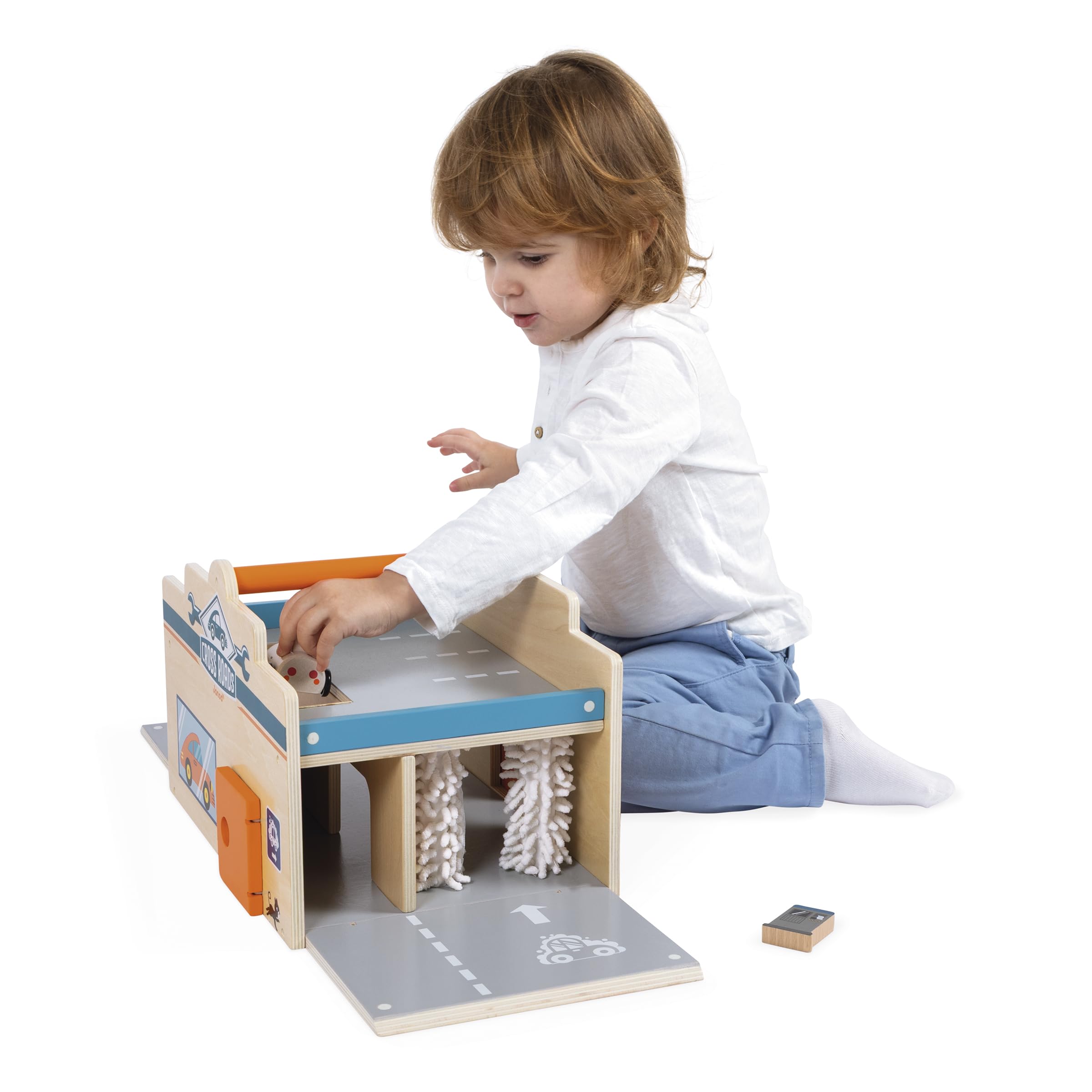Janod - Mon Premier Garage Voitures en Bois Enfant 2 Ans et Plus - 2 Niveaux, Atelier Mécanique + Lavage Auto - 15 Accessoires Inclus - Dès 2 Ans