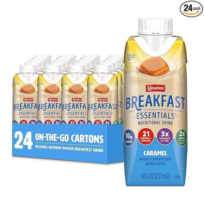 Carnation Breakfast Essentials Original Nutritional Drink, New Caramel Flavor, Ready-to-Drink, 10g Protein, Vitamins D & C, Key Nutrients for Immune Support, Gluten Free, Kosher, 8 FL OZ (24 Pack)