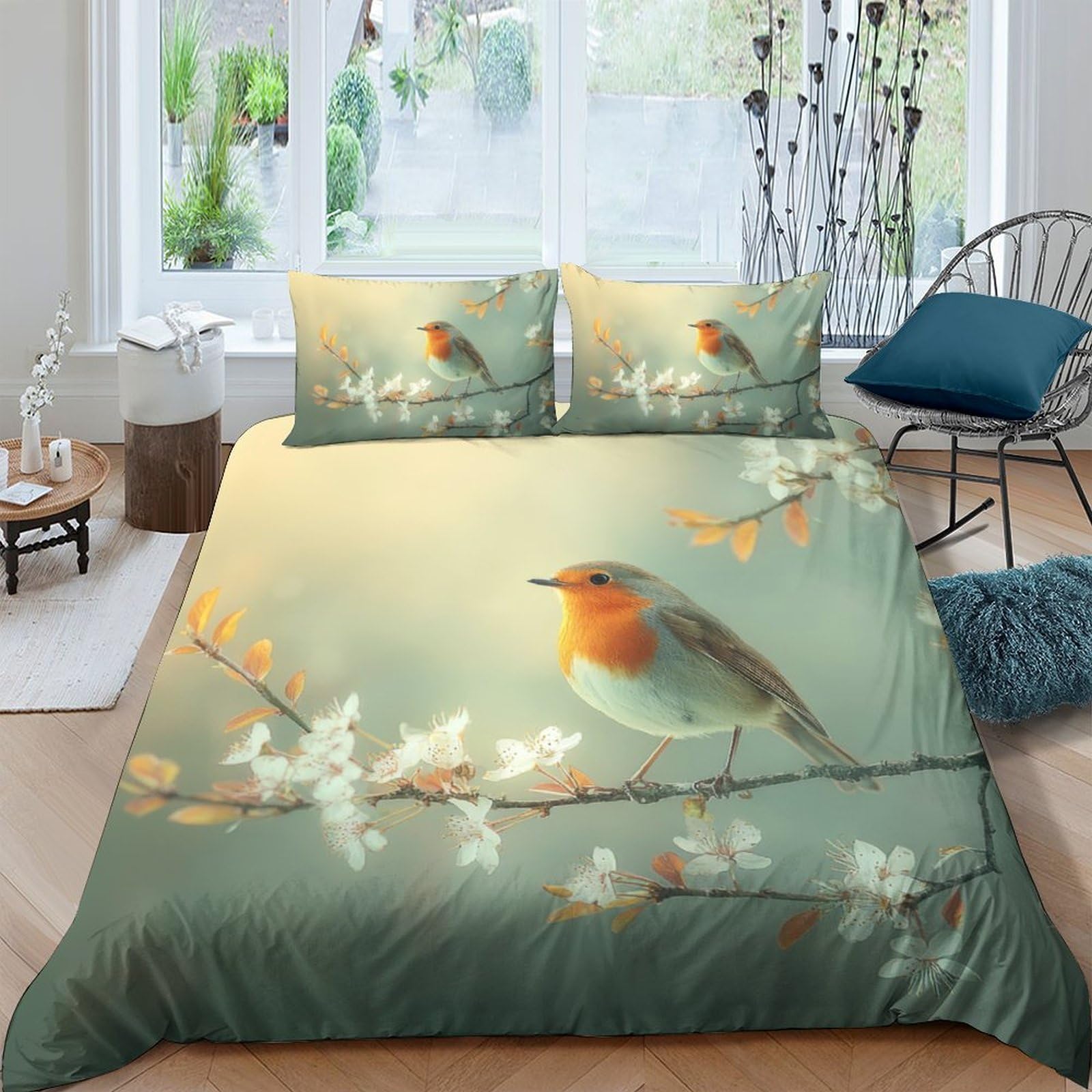 Ctjqhvkz Style-4 3D Printed Robin Bird Fitted Sheet Microfiber Soft Green Branch Blossom Mattress Cover Easy Care Bedroom Decor Single（135X200cm）