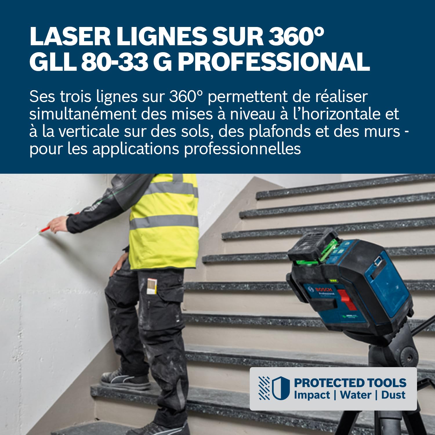 Bosch Professional laser lignes GLL 80-33 G (support de fixation LB 10, laser vert, portée jusqu’à 30 m, alimentation dual power, 4 piles 1,5 V LR6, housse de protection)