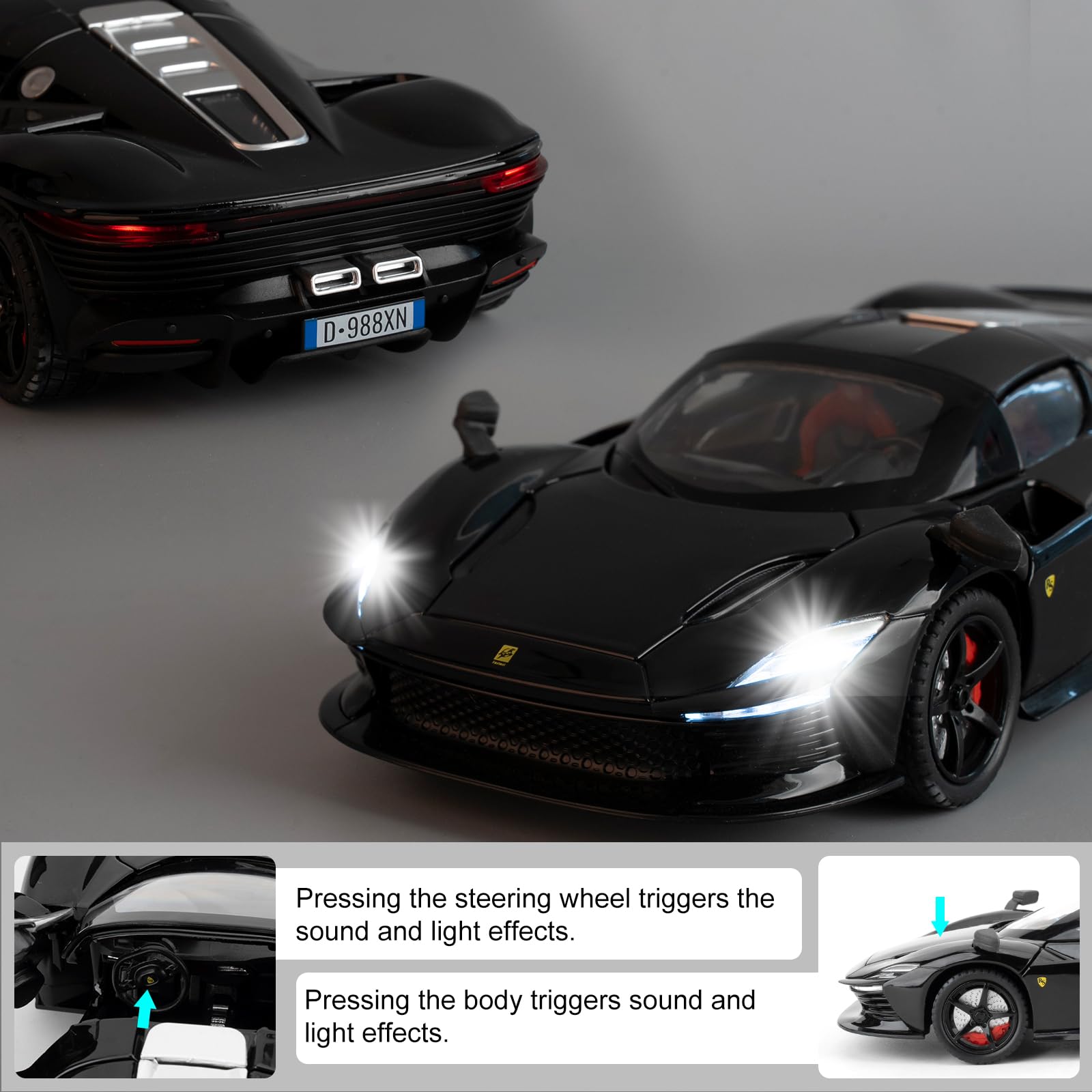 imtfzct 1/22 Ferrari SP3 Alloy Toy Car, Collectible Model Car with Sound and Light Function and Pull Back Function, Black - Image 4
