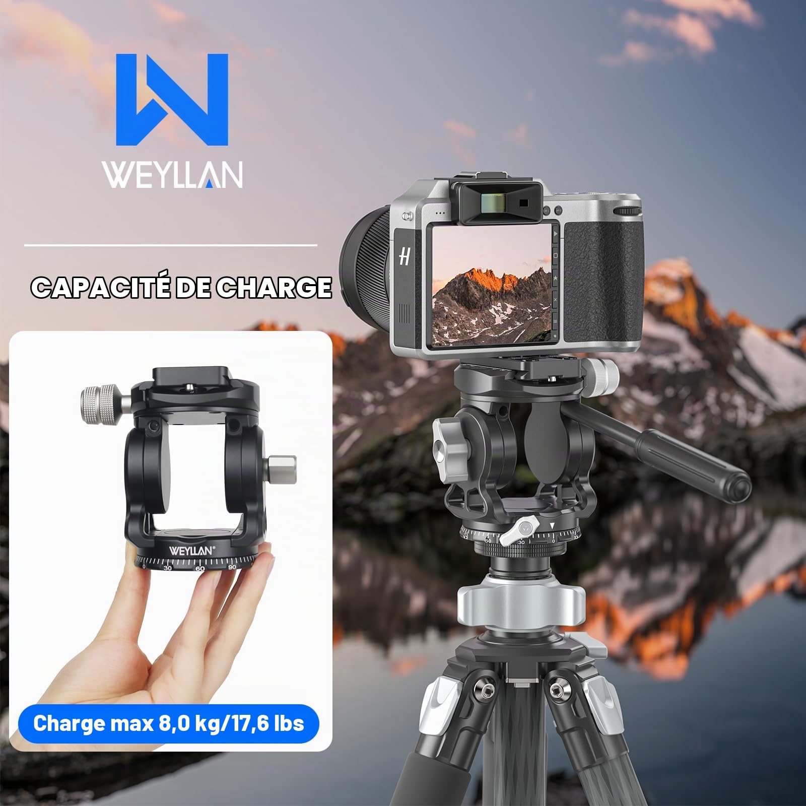 WEYLLAN Tête de trépied VH7 pour appareil photo avec plaque Arca Swiss Quick Release Plate, Fluid Head Trépied pour appareil photo reflex numérique, trépied panoramique en métal, tête fluide, charge