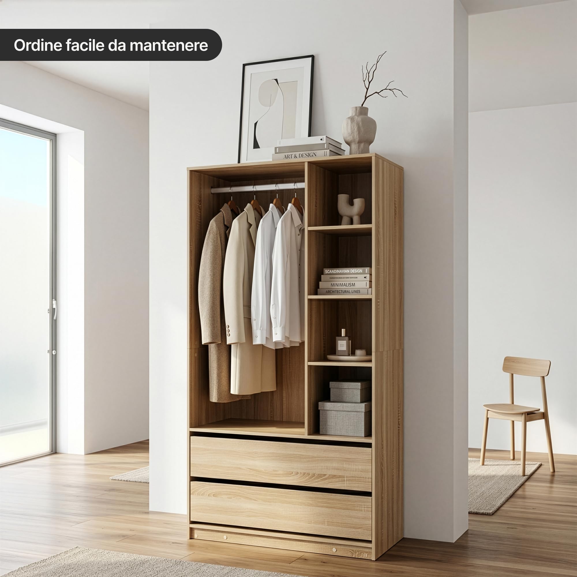 [en.casa] Armadio Aperto con Asta Barra Vano Appendiabiti Guradaroba con 7 Scomparti Aperti e 2 Cassetti per Soggiorno Camera da Letto Cameretta 200 x 100 x 50 cm - Effetto Rovere