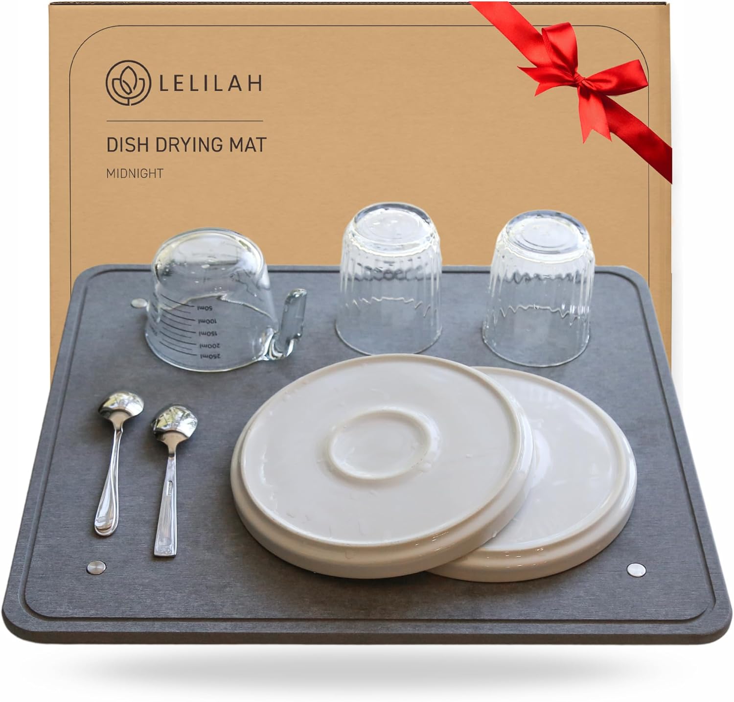 Large Stone Dish Drying Mat for Kitchen Counter | 18x16 Super Absorbent Eco-Friendly Diatomaceous Earth Stone Drying Mat w/ Stainless Steel feet | Non-slip | Heat Resistant & Odorless - Midnight Gray