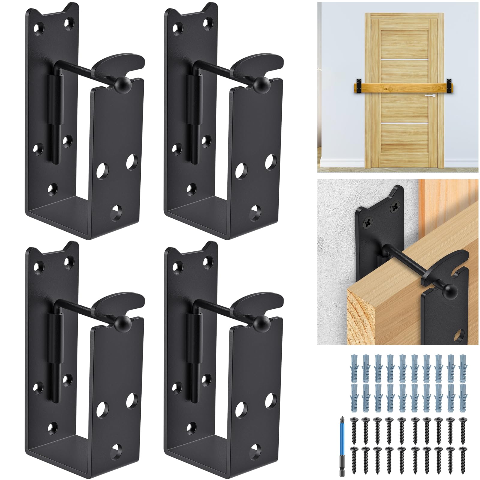 Dolibest 4pcs Door Barricade Brackets, Gate Barricade Bracket U-Shaped Bar Holder Clamp Lock Design Fits 106.6 x 53.5mm Lumber Indoor & Outdoor Home Garden Garage Barn Shed Security