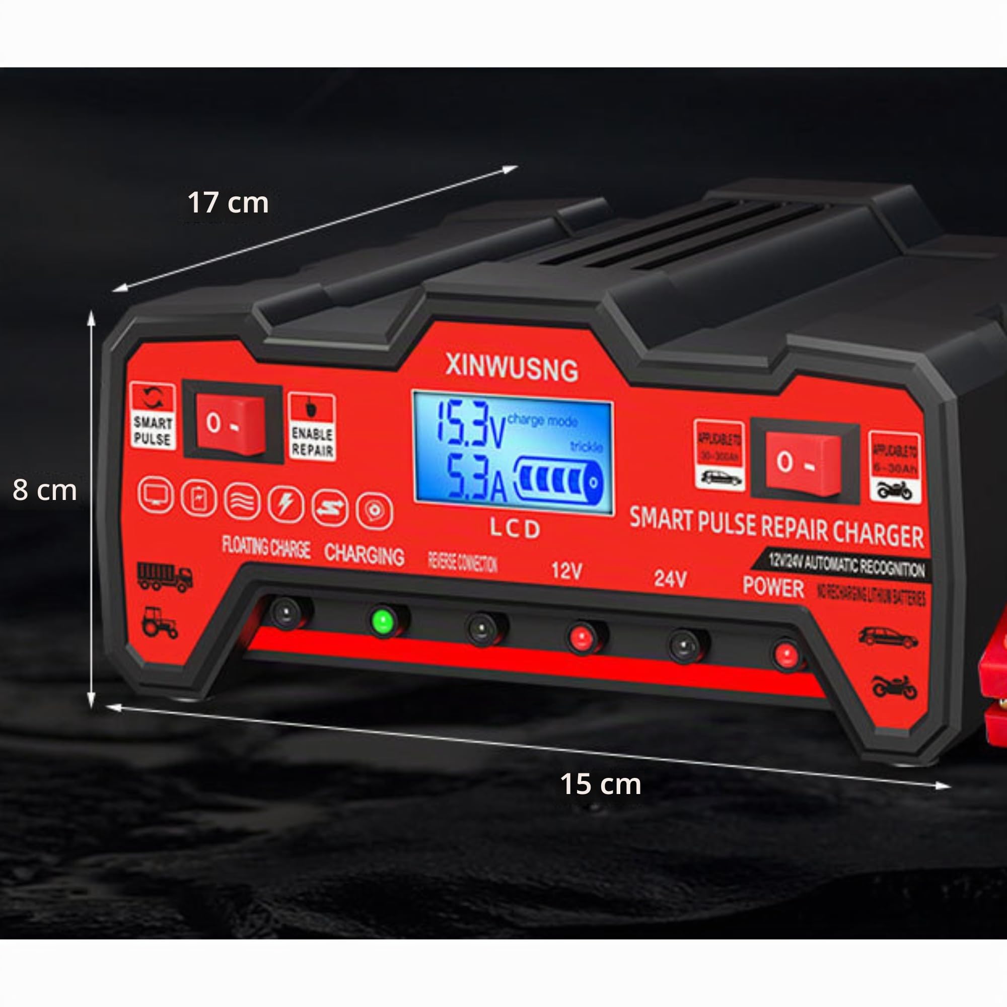 Cargador Baterías Coche- 12V/24V 900W Alta Potencia – para Coche,Moto,Tractor y camion – Compatible con Baterías de Plomo-Ácido, Reparación Inteligente por Pulso, LCD Digital -Cargador bateria Moto-