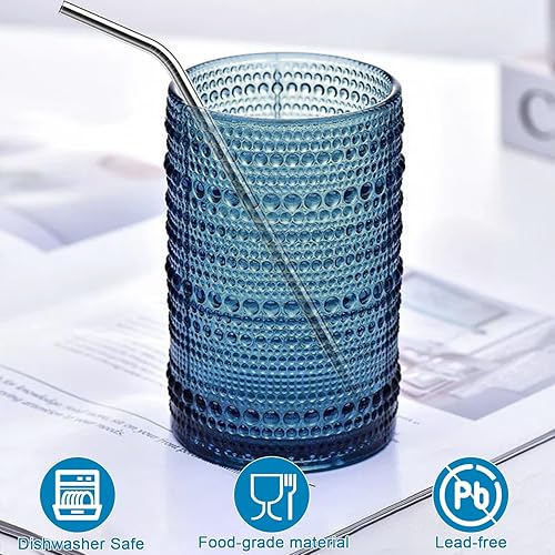 Miniatura 3 de Juego de 6 vasos para beber Hobnail de 15 onzas, vasos de vidrio en relieve, vasos altos, vasos azules, juego de cristalería vintage para jugo,