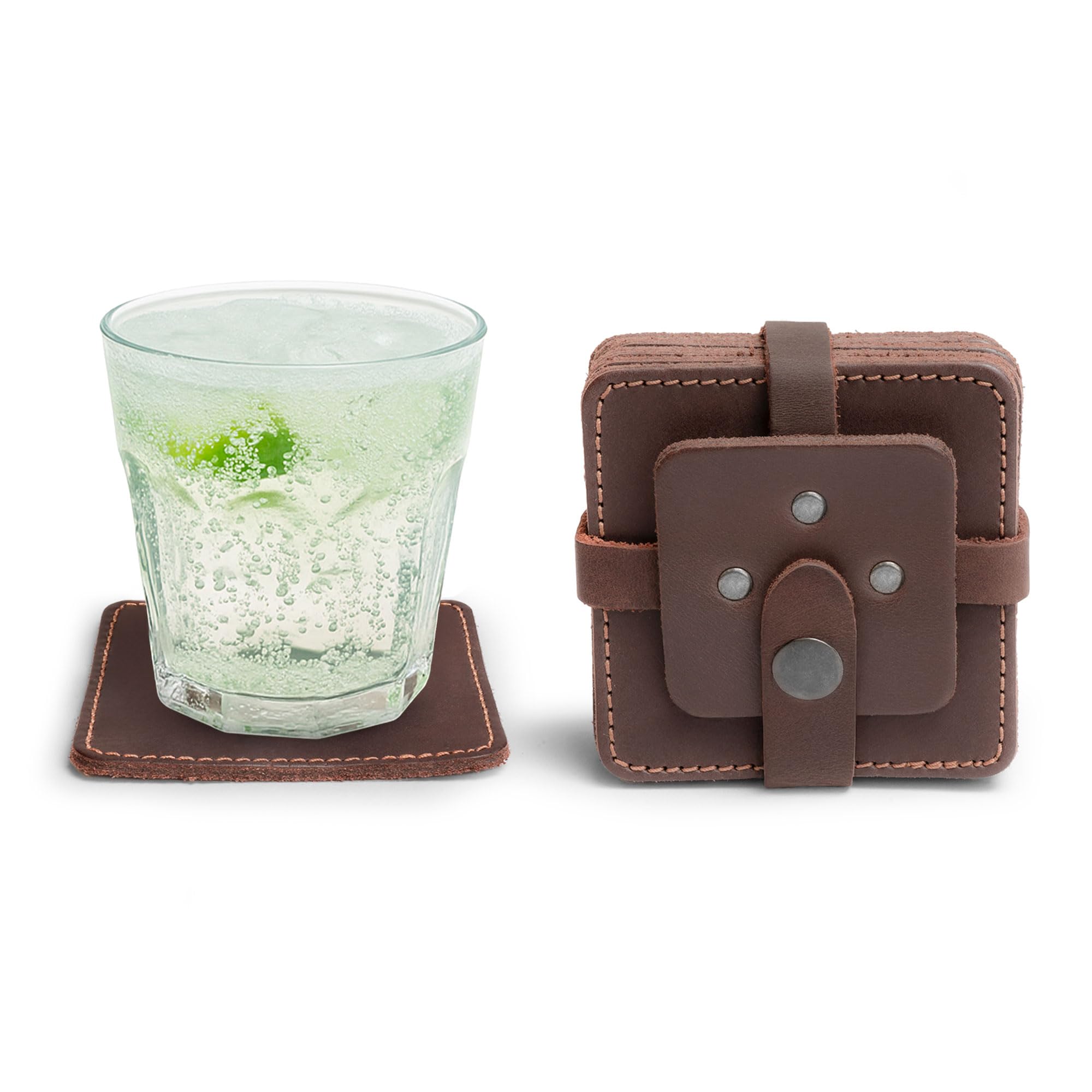 Leather Coasters Set of 8, Premium Leather Table Protection for Drinks, Elegant Accessory for Home/Office, Protects Surfaces, Bourbon Table Coasters, Bar, Western (Bourbon Brown)