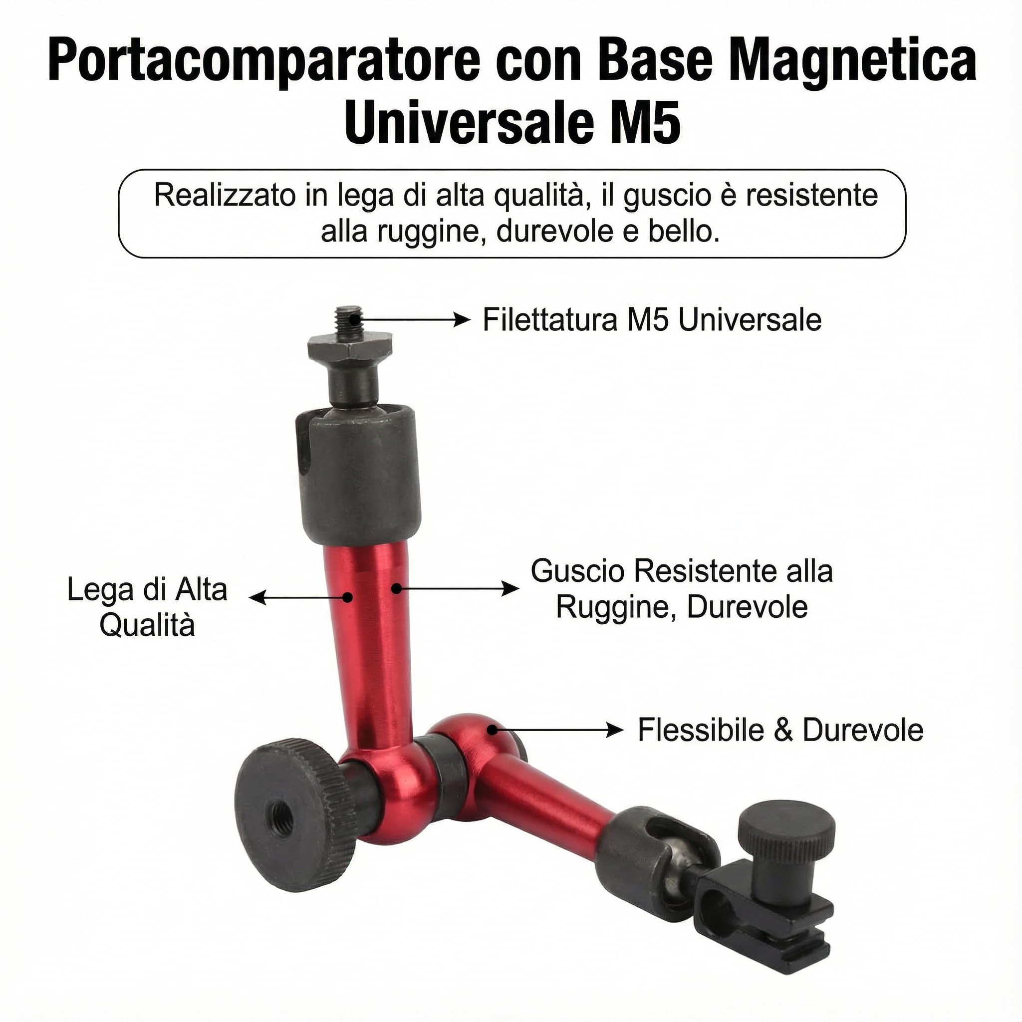 Portacomparatore con Base Magnetica Universale M5, Comparatore con Base Magnetica Comparatore con Supporto per Supporto Braccio Magnetico per Comparatore e Comparatore a Leva