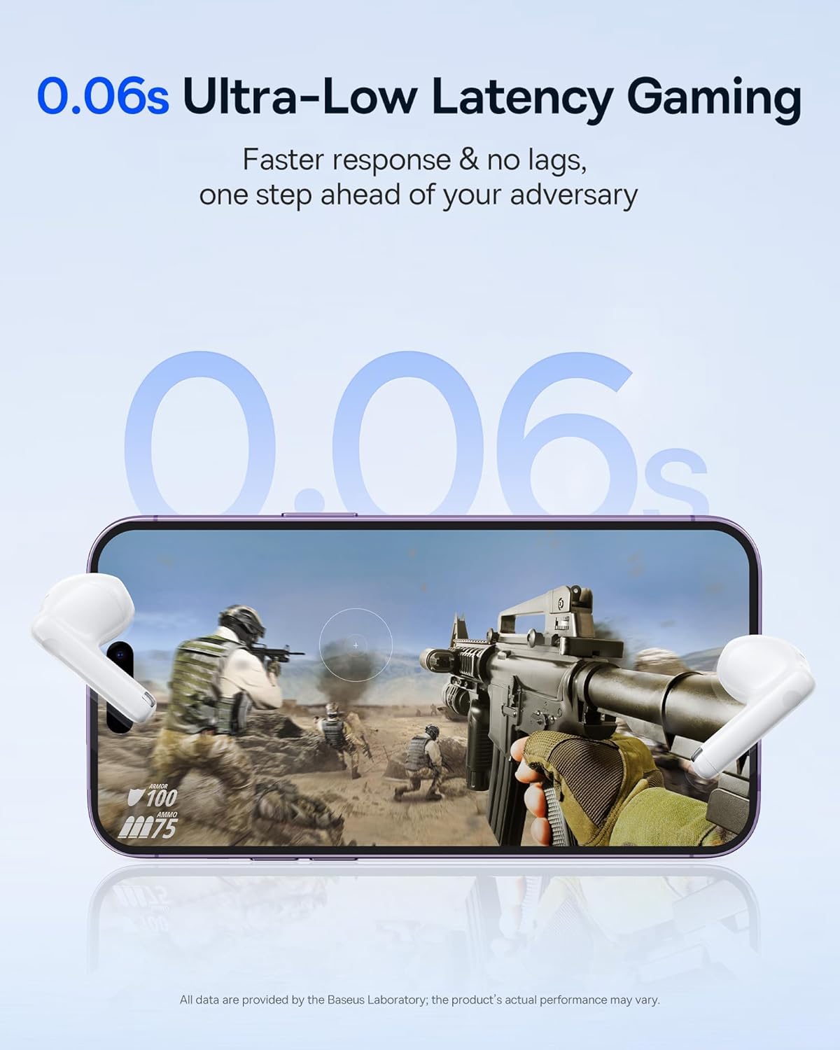 Baseus E13 TWS Bowie Headphones shown next to a smartphone displaying a first-person shooter game, illustrating 0.06s ultra-low latency gaming.