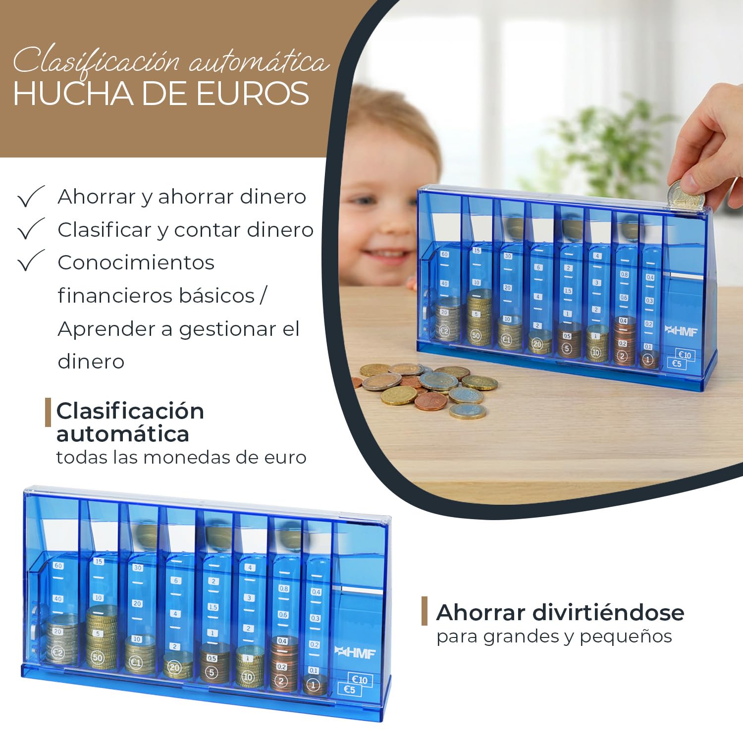 HMF Contador de Monedas con clasificación automática para Guardar Monedas, clasificador de Monedas Transparente con Escala de Valor como Hucha para niños | 24 x 12 x 5 cm | Azul