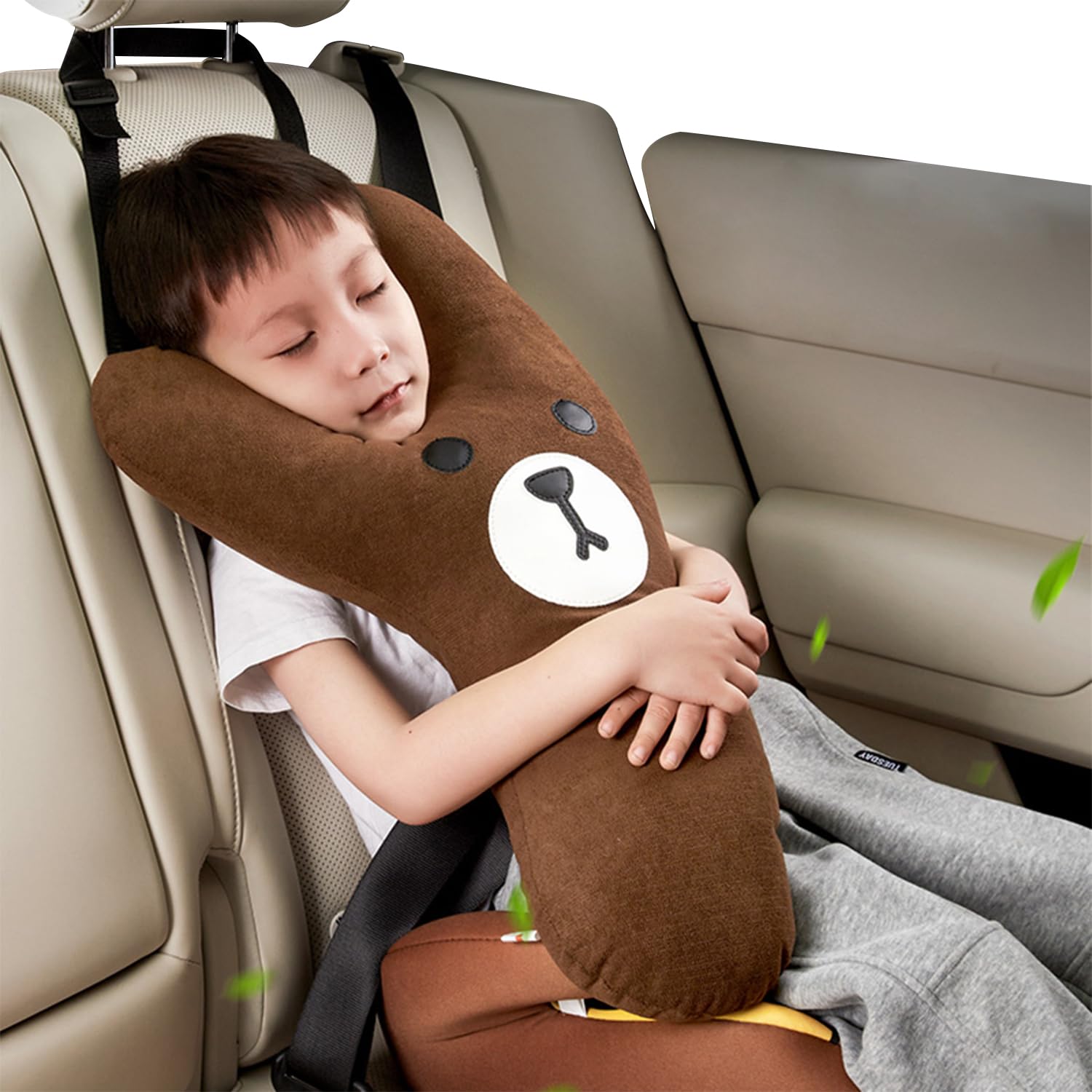 Y-Shape Kids Car Travel Pillow, Car Pillow for Kids 4-10 Years Old, Soft PP Cotton &amp; Velvet Fabric, Car Pillows for Sleeping with Adjustable Length up to 15.7" (Brown)