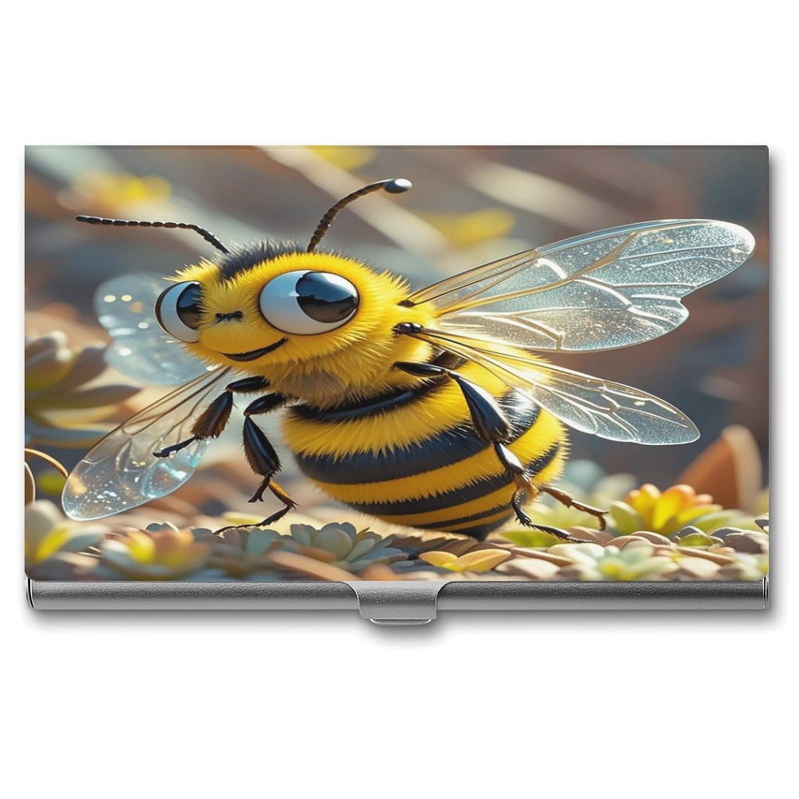 FekiLoot Cartoon Bee Business Card Holder Aluminum Alloy Business Card Case Convenient to Carry Business Card Dispenser for Men Women