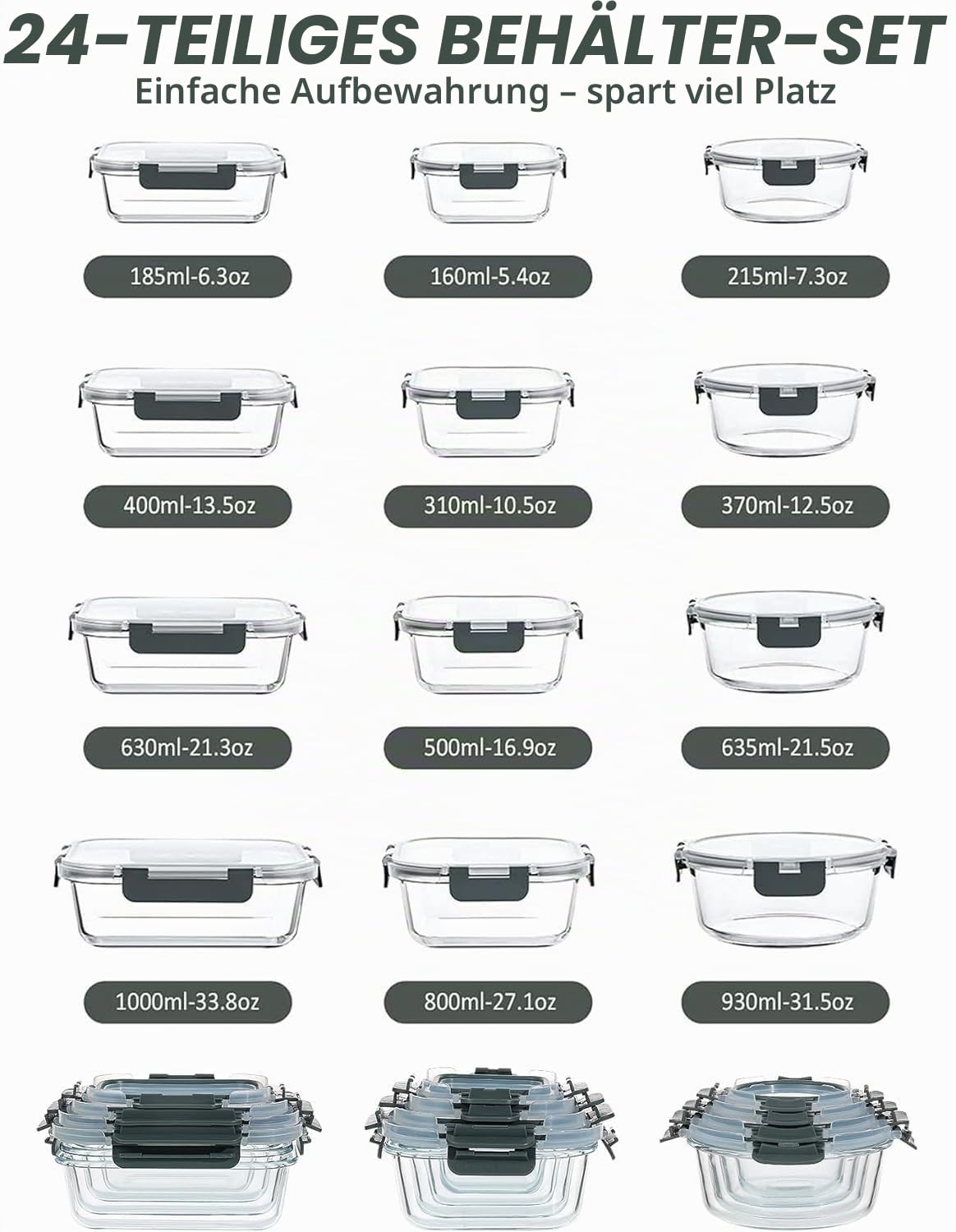 VERONES 12 Stück Glas Crisper Seet, Luftdichte Glas-Lunchboxen, Stapelbar Mit Deckel, Gefrier- und Spülmaschinenfest, Grau