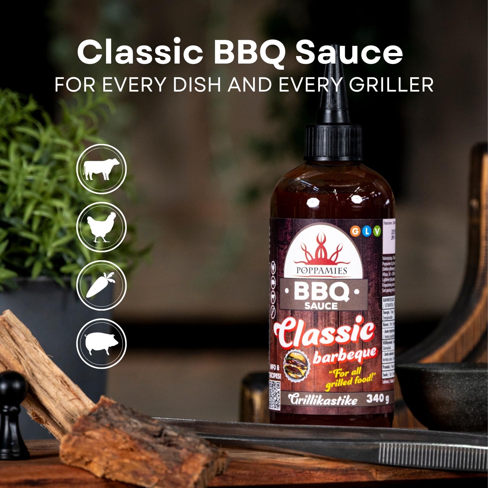 Salsa BBQ Poppamies Classic Barbeque – Sabor Tradicional y Versátil, Perfecta para Carne, Pollo y Verduras – Sin Gluten, Vegana – 340g — view 2
