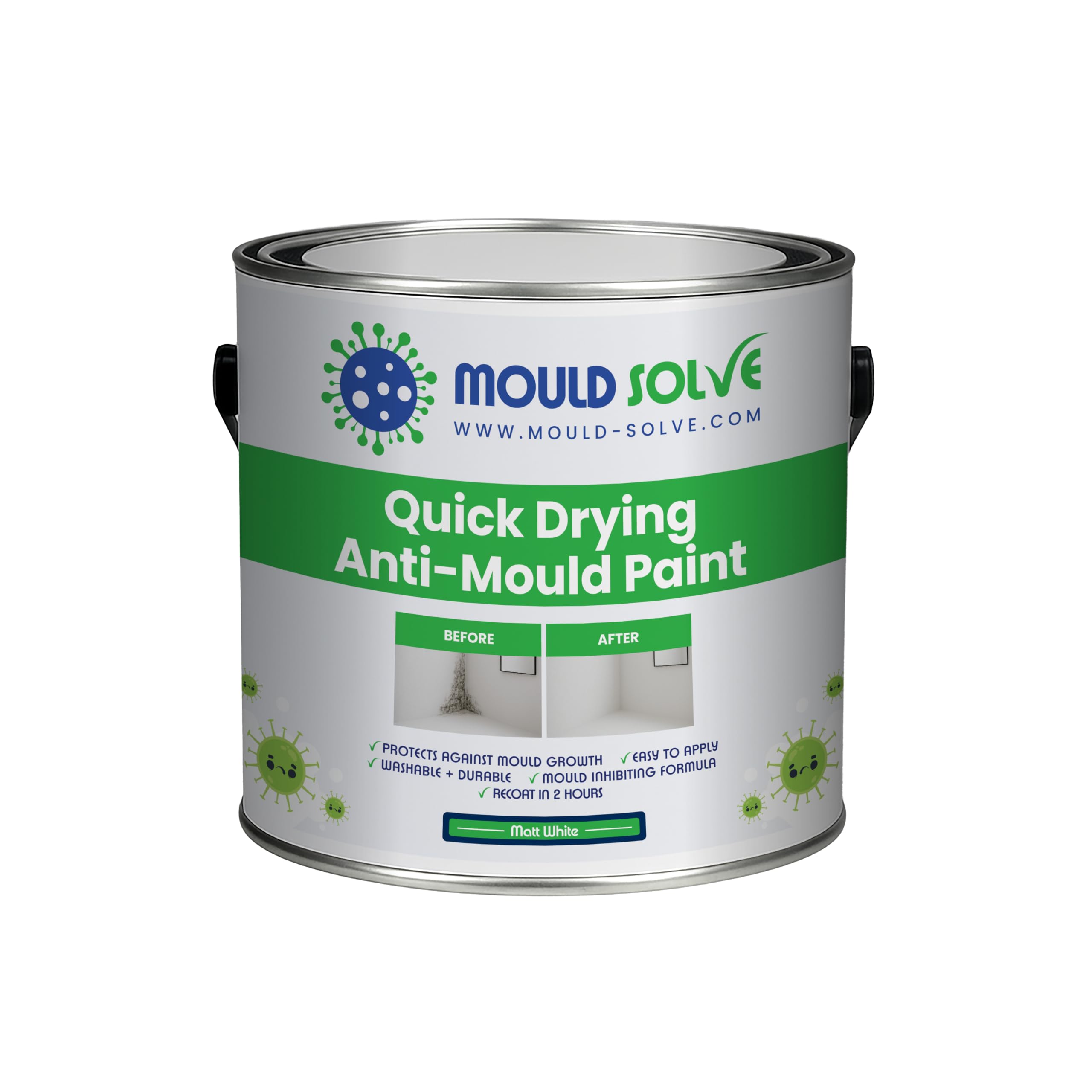 Mould Solve Anti Mould Paint 0.5L β Matt White. Quick Drying, Washable & Durable. Anti-Condensation Formula. Protects Against Black Mould Growth. For Bathrooms, Kitchens & Ceilings. Easy Application.