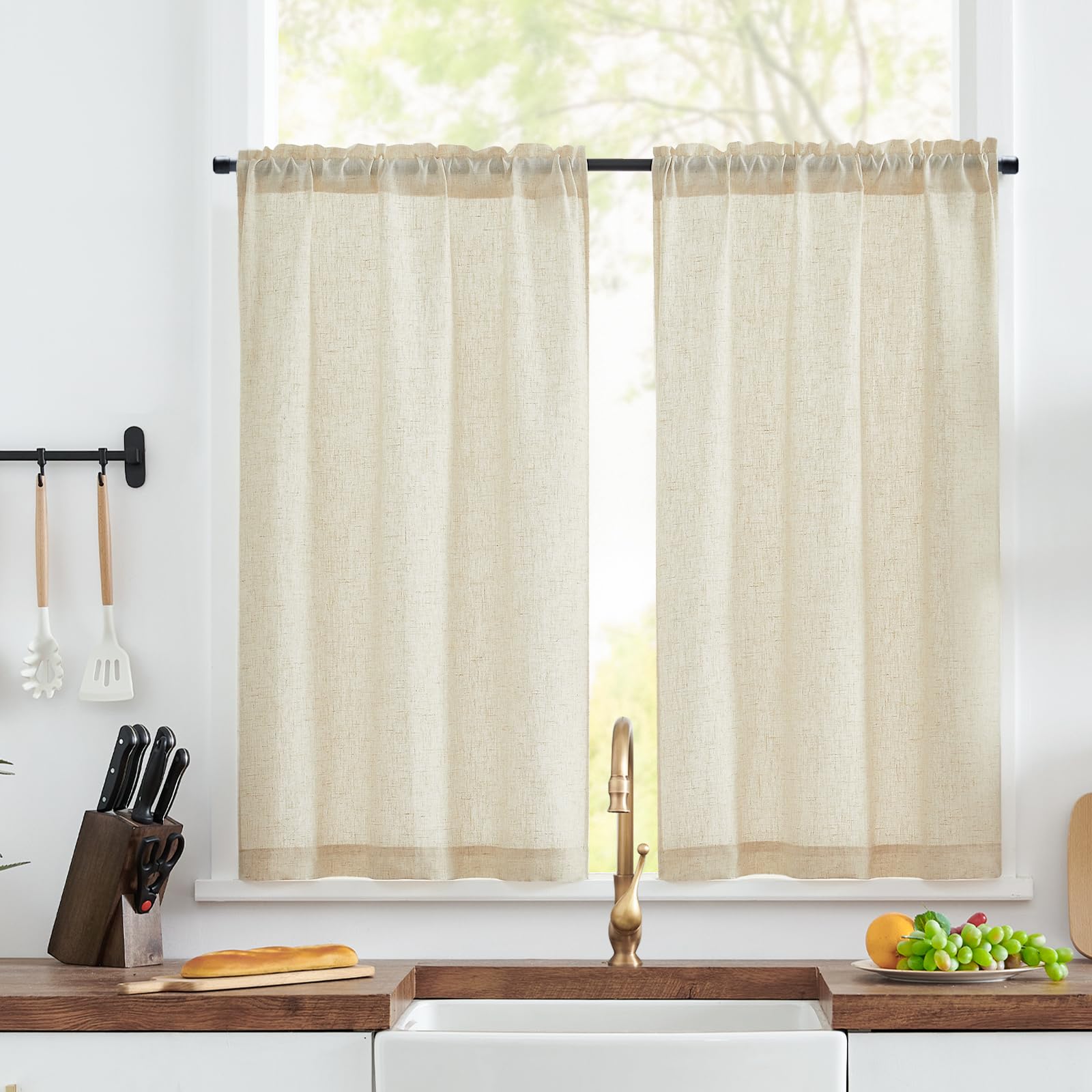 Linen Blend Kitchen Curtains, 45 Inch Drop Small Cafe Curtains, Solid Pattern Light Filtering Short Curtain Tiers for Bathroom Sink Cupboard Bedroom, Rod Pocket 2 Panels Crude
