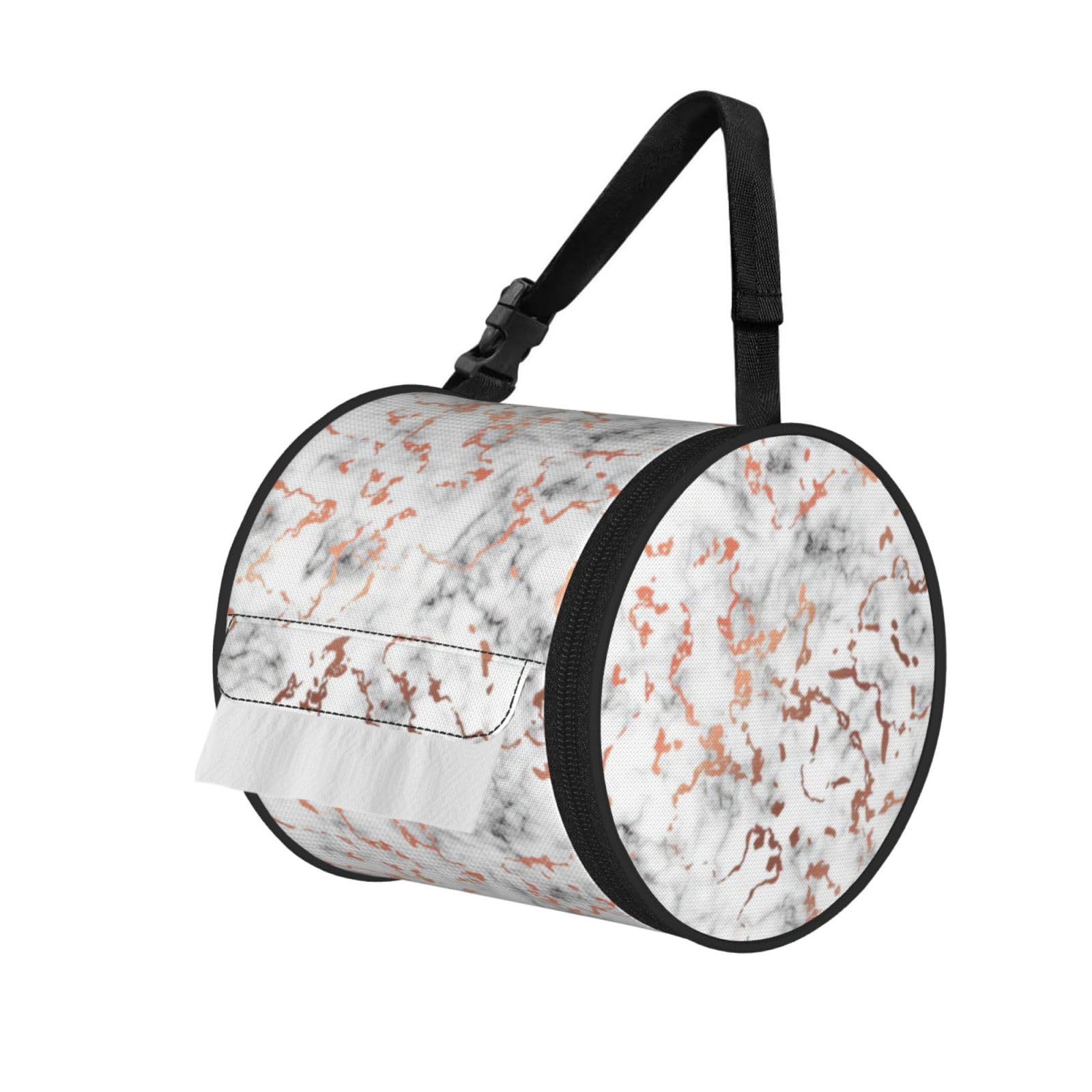 Marble Texture Copper Splatter Print Round Tissue Dispenser Bag With Carry Strap, Portable Roll Holder For Car Travel Home