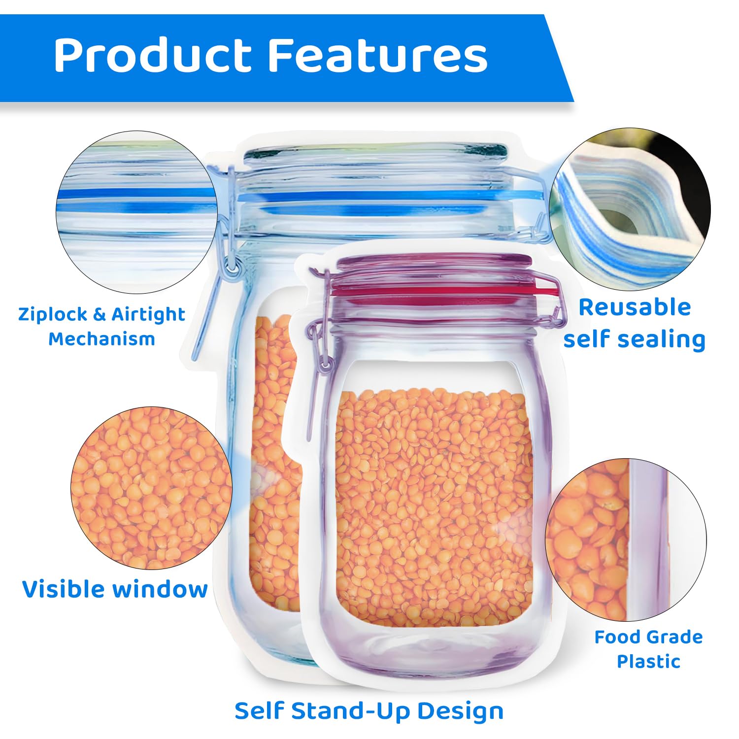 SKY FLEXI PACK Mason Jar Ziplock Bags, 50 Pcs Set (25 Pcs Each of 13.5x19.5cm & 15x25cm), Bottle Shaped Airtight Pouches for Fridge, Freezer, Kitchen & Travel Storage, Reusable & Leakproof 1