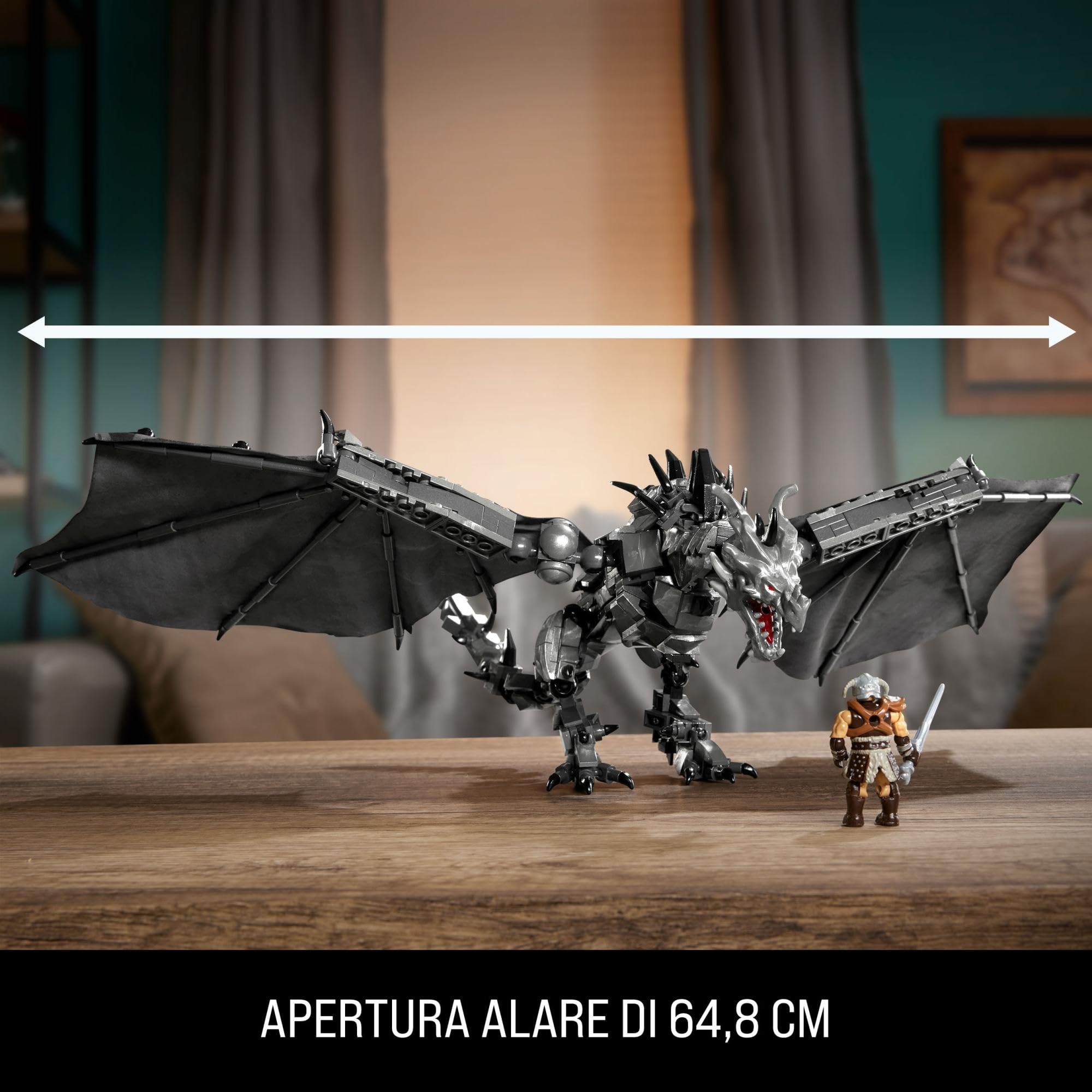 MEGA Skyrim - Alduin il Mangiatore di Mondi, set da costruire con 619 pezzi e 1 personaggio Sangue di Drago snodato incluso, per i fan del gioco e da collezione, 17+ anni, HXR98