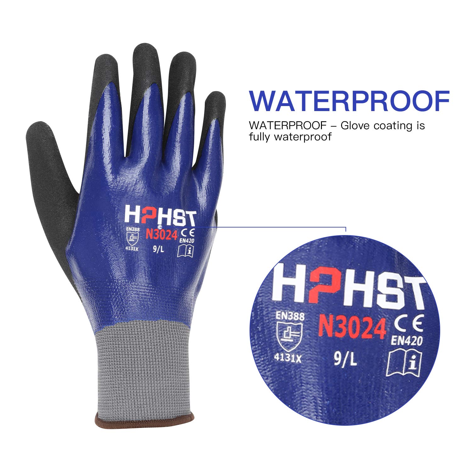 HPHST Waterproof Work Gloves 3 works Nitrile Coating Gloves Waterproof and Oilproof Gardening Gloves Building Gloves for Men and Women Size: 10/XL - Image 2