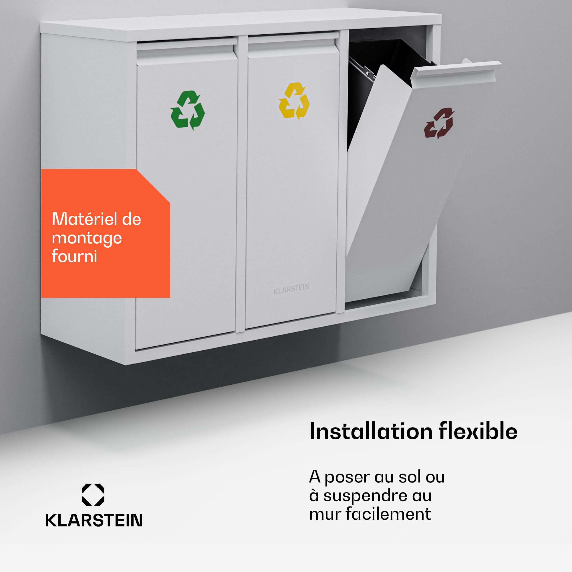Klarstein Ordnungshüter 3 Poubelle de tri sélectif - Poubelle de cuisine 45 L avec 3 bacs amovibles, acier inoxydable, code couleur, poubelle murale
