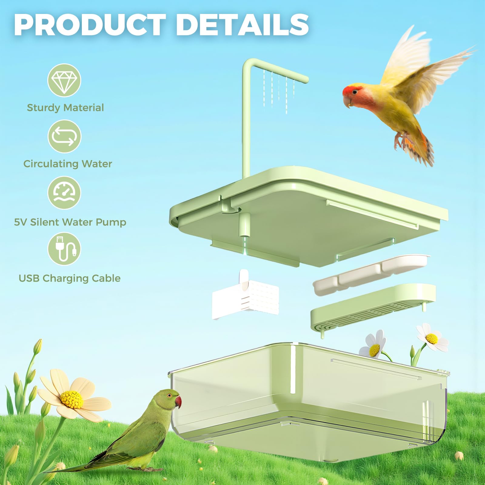 Hängende Badehaus Vogel Badewanne, Automatisches Vogelbad mit Pumpe/Filter, Vogeltränke Bad Dusche Vogelkäfig Zubehör für Sittiche Papagei Wellensittich (Grün)