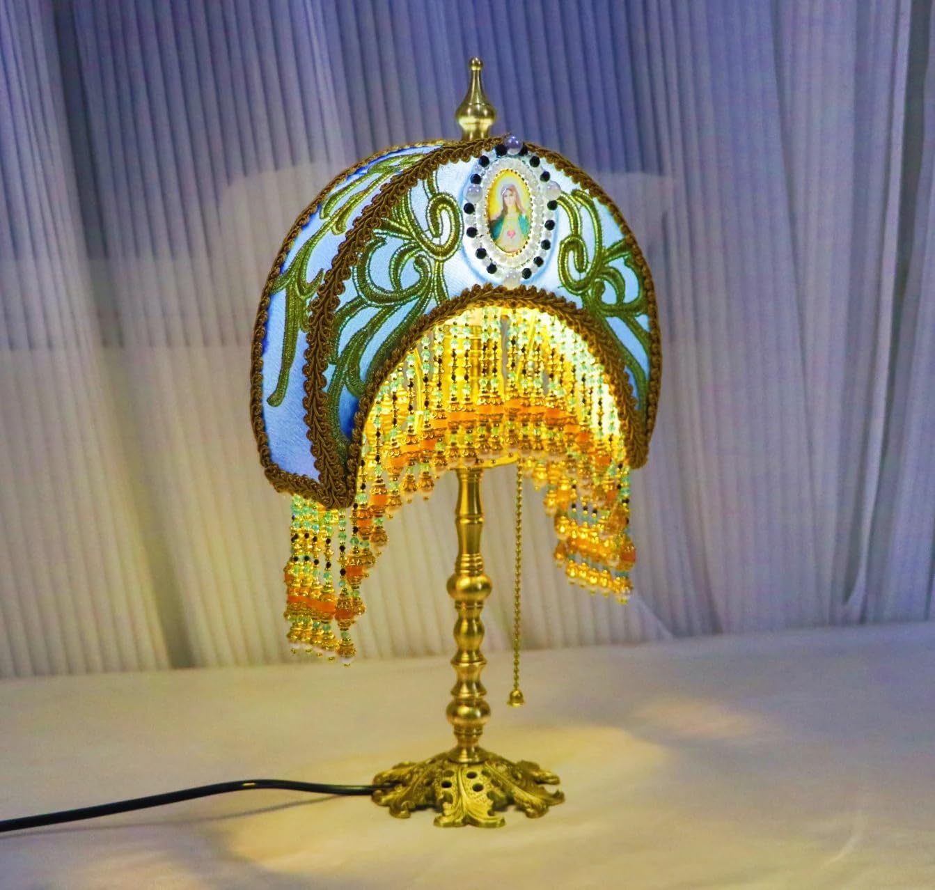 Virgin Mary Moon Bedroom Bedside Table Lamp, Pure Copper Petal Base, Retro Crystal Table Lamp, Suitable for Living Room, Desk, Housewarming Gift Lamp, Restaurant, Cafe, Bar Lighting Table Lamp