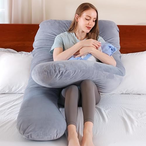 Miniatura 8 de Almohadas de embarazo, almohada de cuerpo completo en forma de U con funda de terciopelo lavable, almohadas de embarazo de maternidad de 55 pulgadas