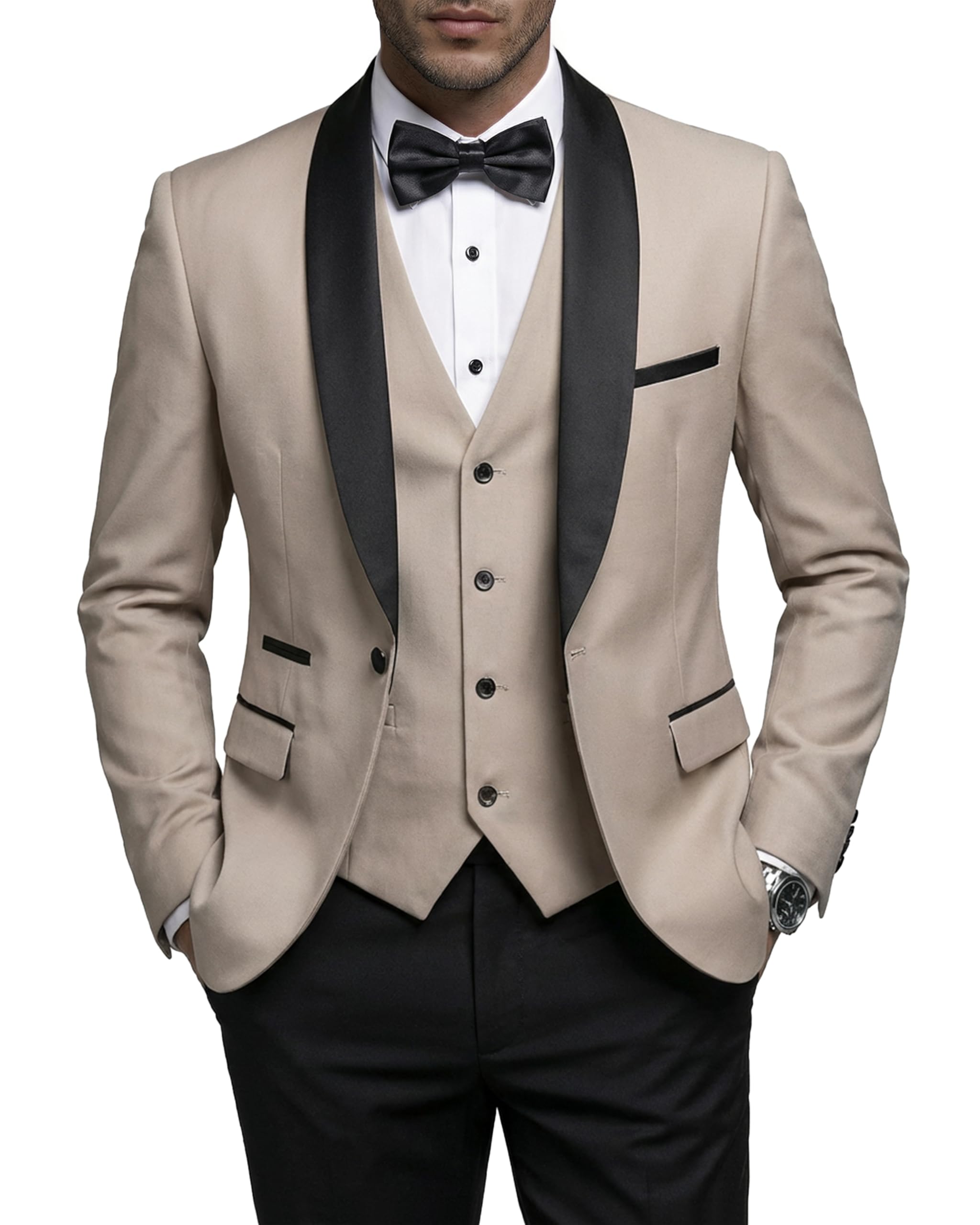 YND Men's 3 Piece Slim Fit Tuxedo Set, One Button Shawl Collar Solid Jacket Vest Pants with Bow Tie