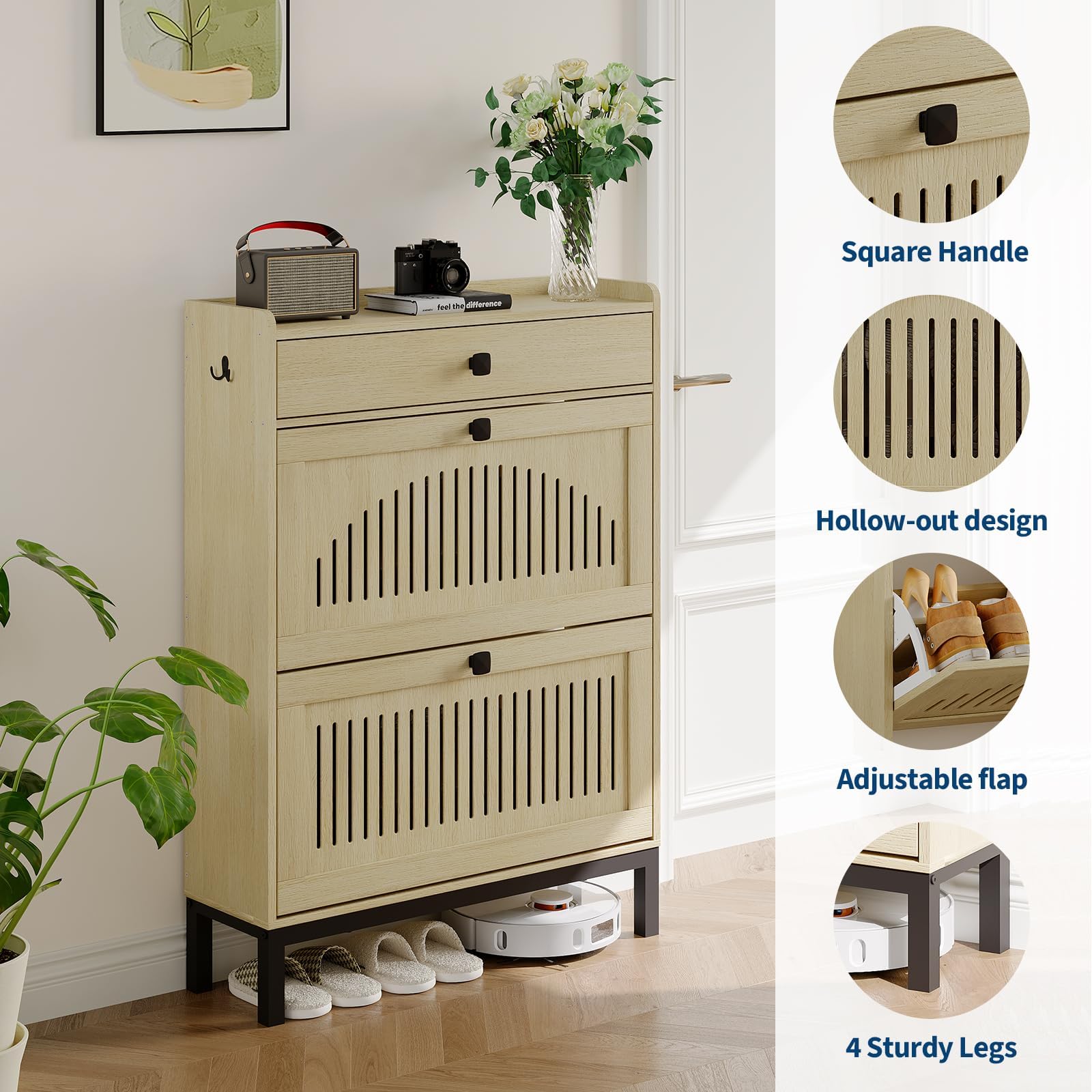 Zstar Armoire à Chaussures 2 tiroirs rabattables, étagères réglables, Grand Rangement dissimulé, en Bois indépendant pour entrée, Couloir ou Salon — Bois Naturel.