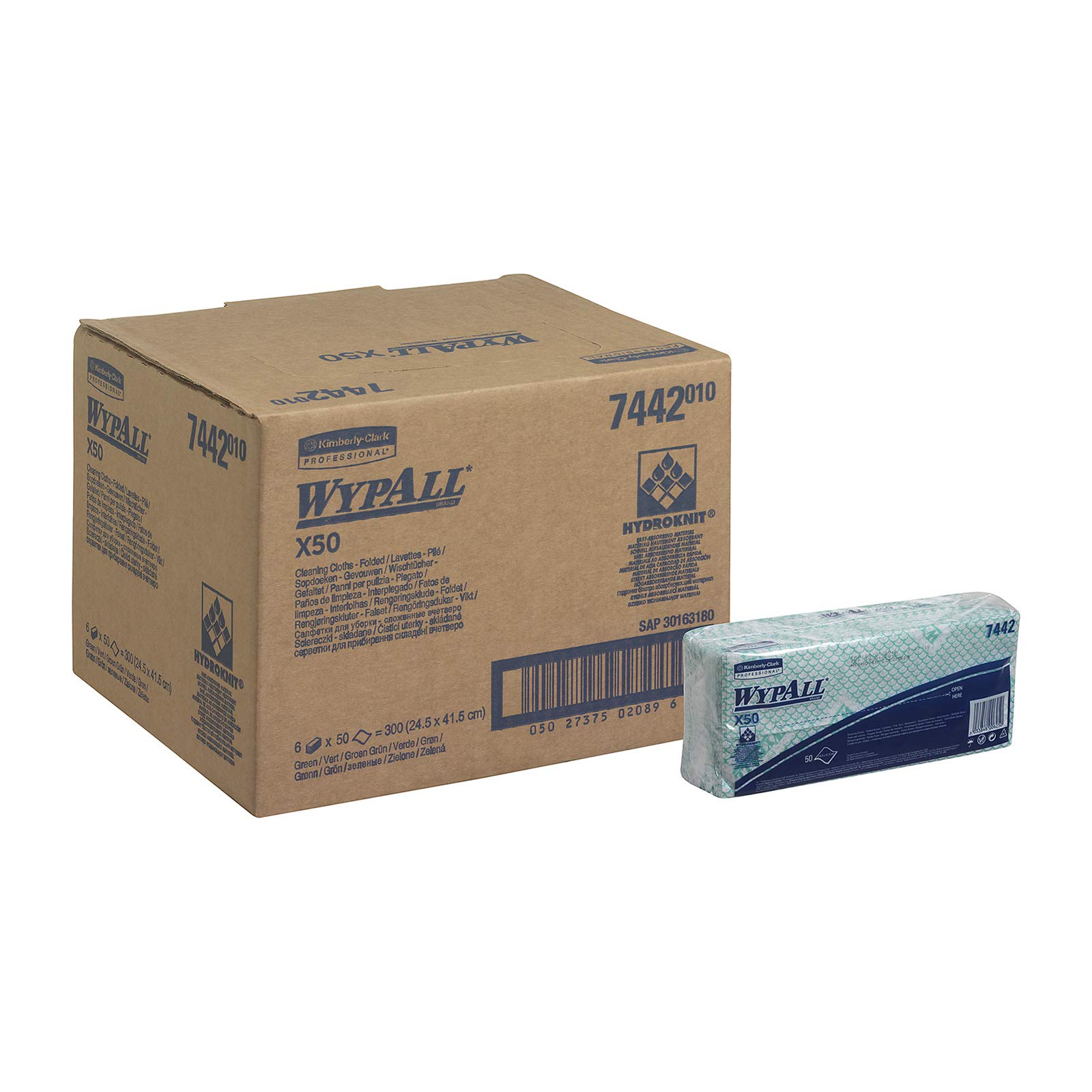 WypAll X50 Panno pulizia con codice colore 7442-1 velo, 6 confezioni x 50 panni lavabili intercalati totale 300 colore verde, 6x50/ 300