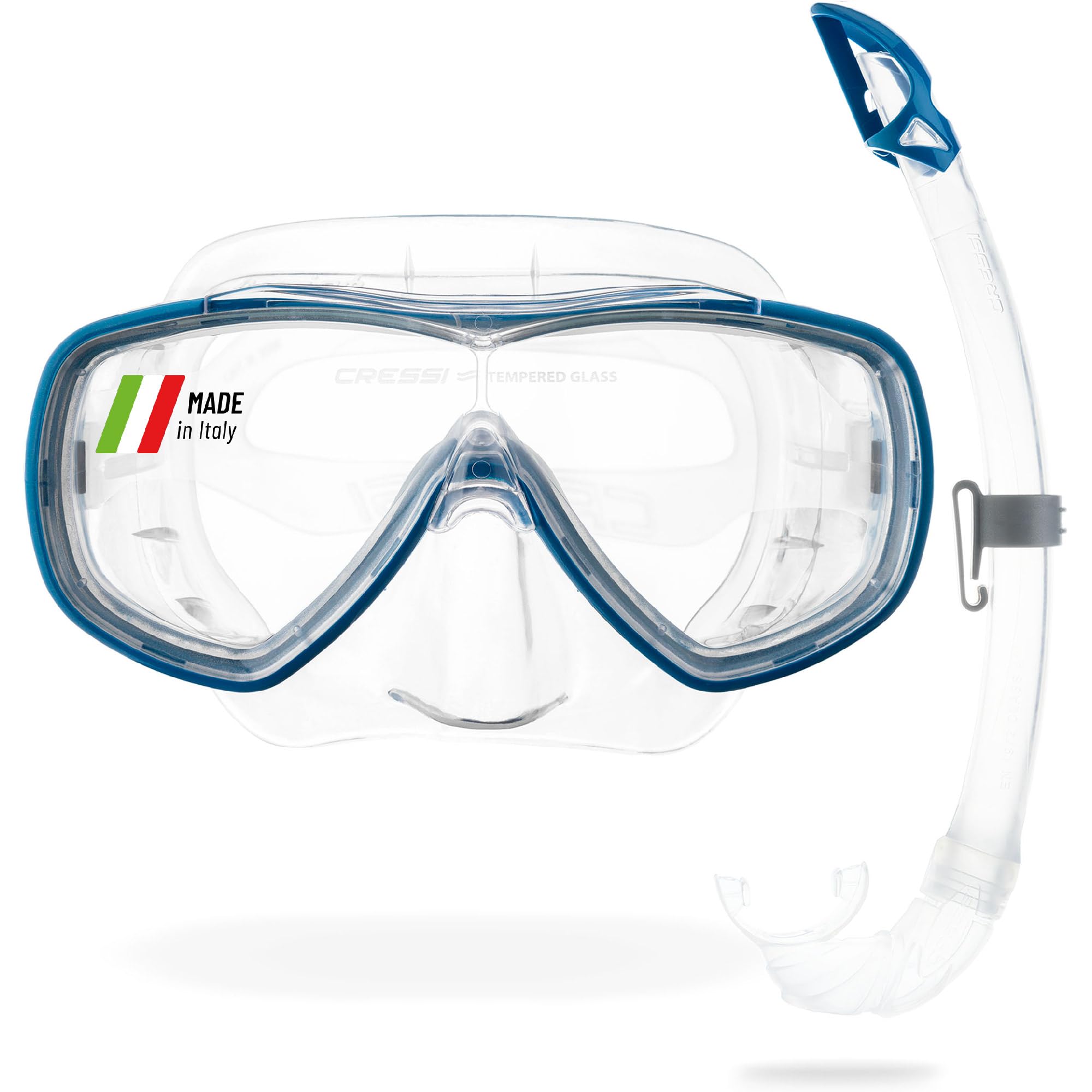 CRESSI Onda Mare Italian Made Snorkel Set - Clear/Blue - Diving Mask - Scuba Mask - Scuba Diving Equipment