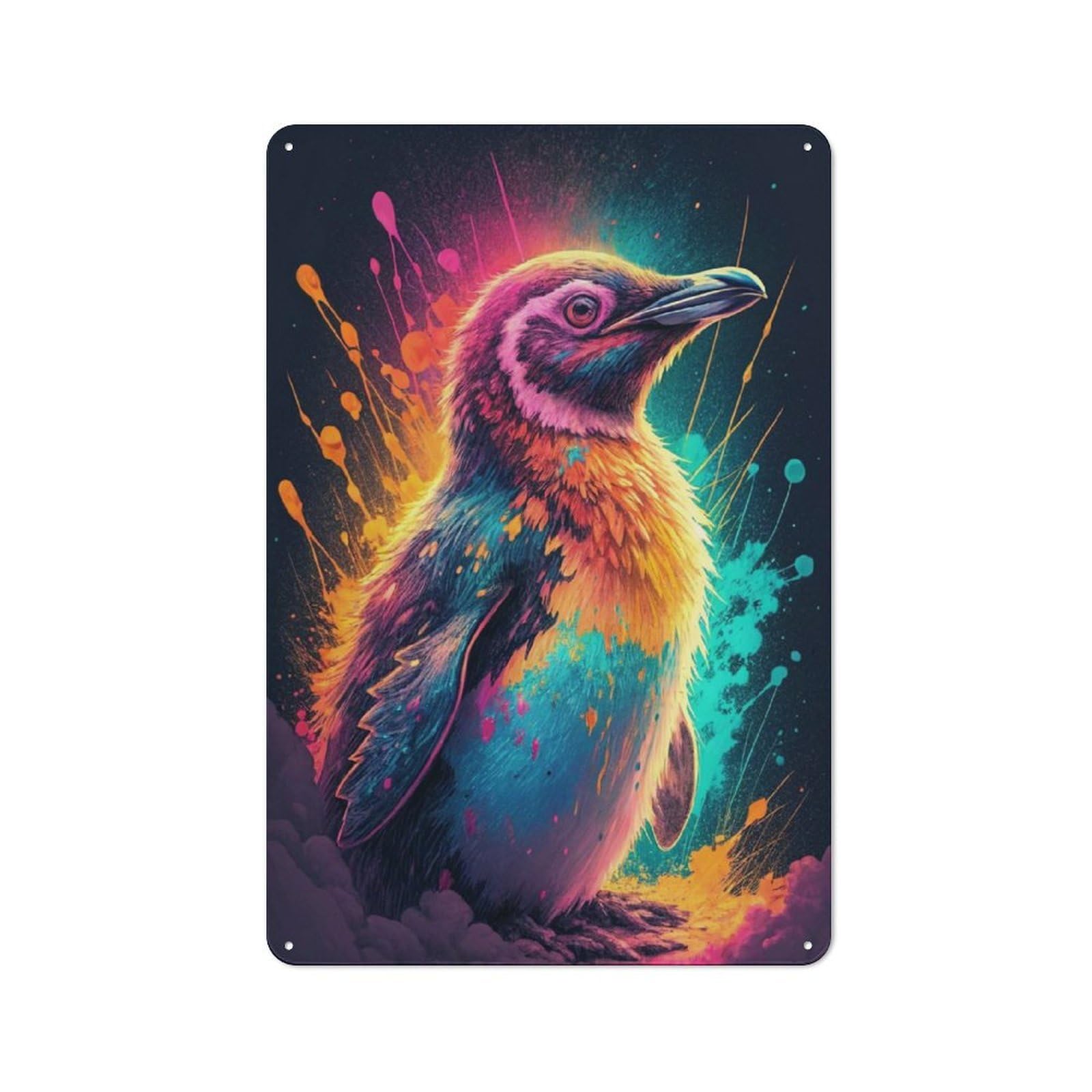 Junmoney Style-11 For Home Office Or Studio, Vibrant Penguin With Colorful Splashes Vintage Tin Sign 30X20cm, Tin Sign Wall Decor For Home Offices And Studios
