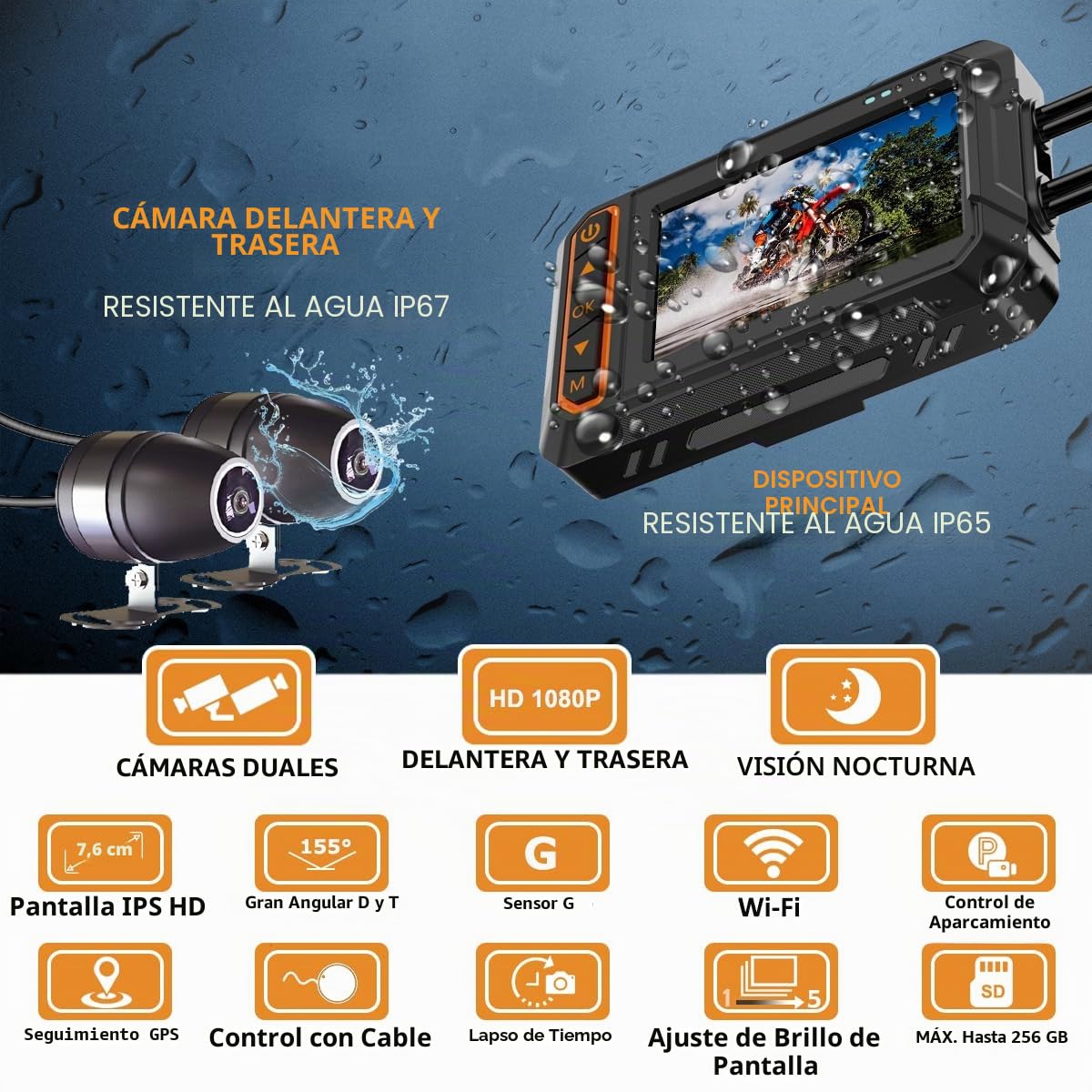 ydi Dashcam Moto Delantera y Trasera 1080P, Motocicleta Dash CAM Impermeable Doble Cámara Gran Angular 155 Grados con Pantalla de 3 Pulgadas, Wi-Fi, GPS, Control Remoto, Monitor de Aparcamiento