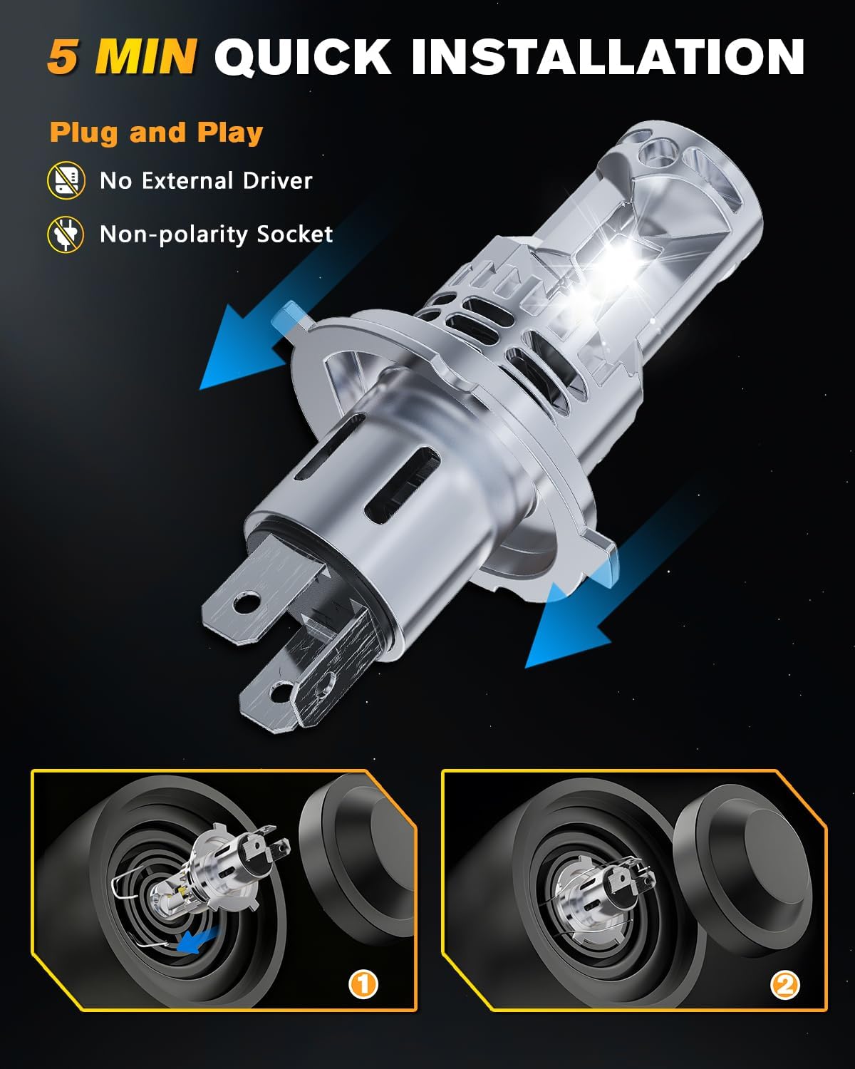 Light Bulb 30000LM Bright High Low Beam Fog Lamp Bulb w/Turbo Cooling Fan 1:1 Halogen Size Compatible with 4Runner Tacoma IP68 Pack of 2 (9003/H4)