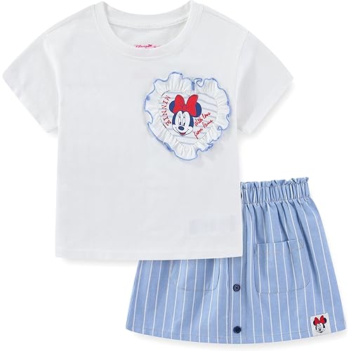 Disney Minnie Mouse Girls Short Sleeve T-Shirt and Chambray Skirt 2 Piece Set for Toddler to Big Kids